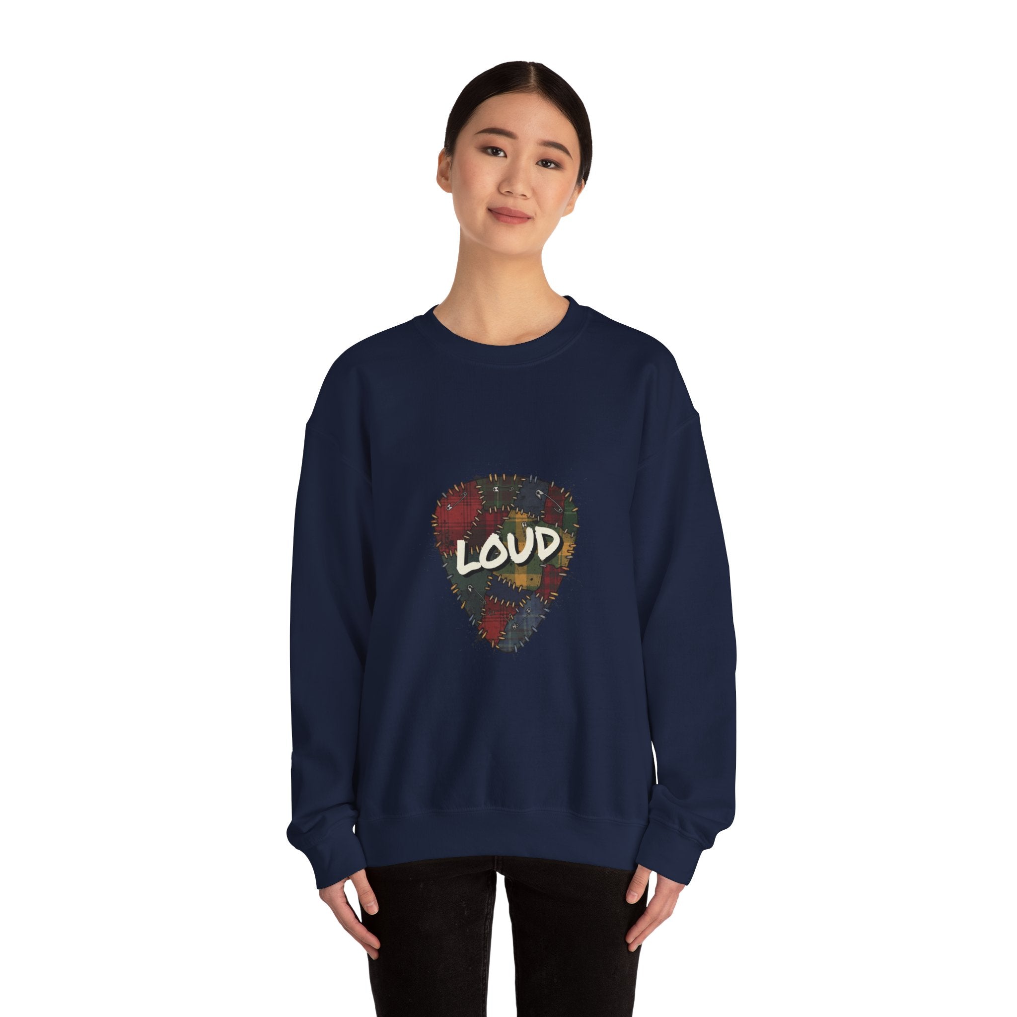 Loud Plaid Guitar Pick Crewneck Sweatshirt | Grunge Revival, 90s Flannel Aesthetic Navy