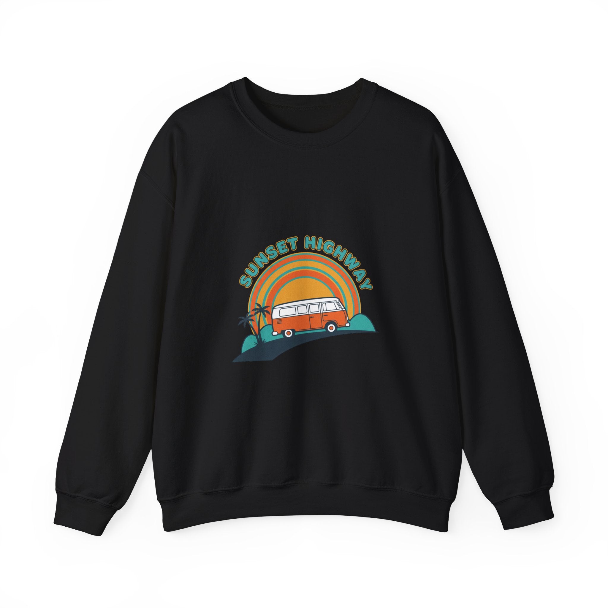 Sunset Highway Retro Surf Graphic Sweatshirt | 1970s Analog Sunshine, Vintage Palm Black