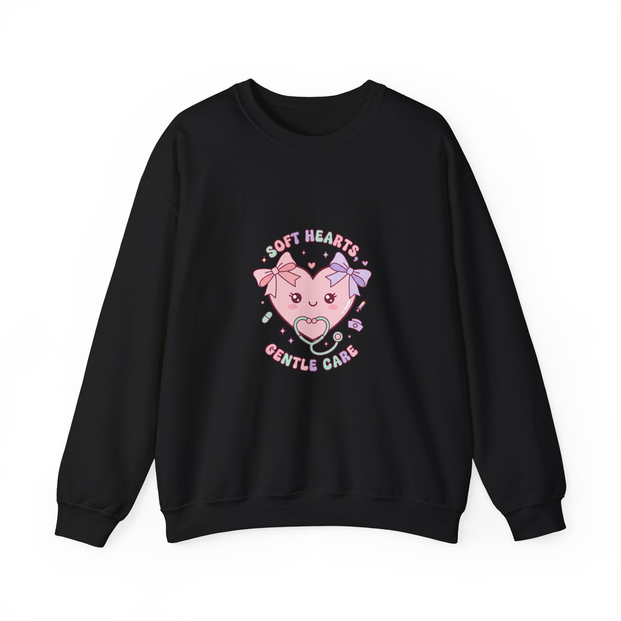 Cute Nurse Heart Crewneck Sweatshirt | pastel coquette medical, kawaii nurse graphic Black