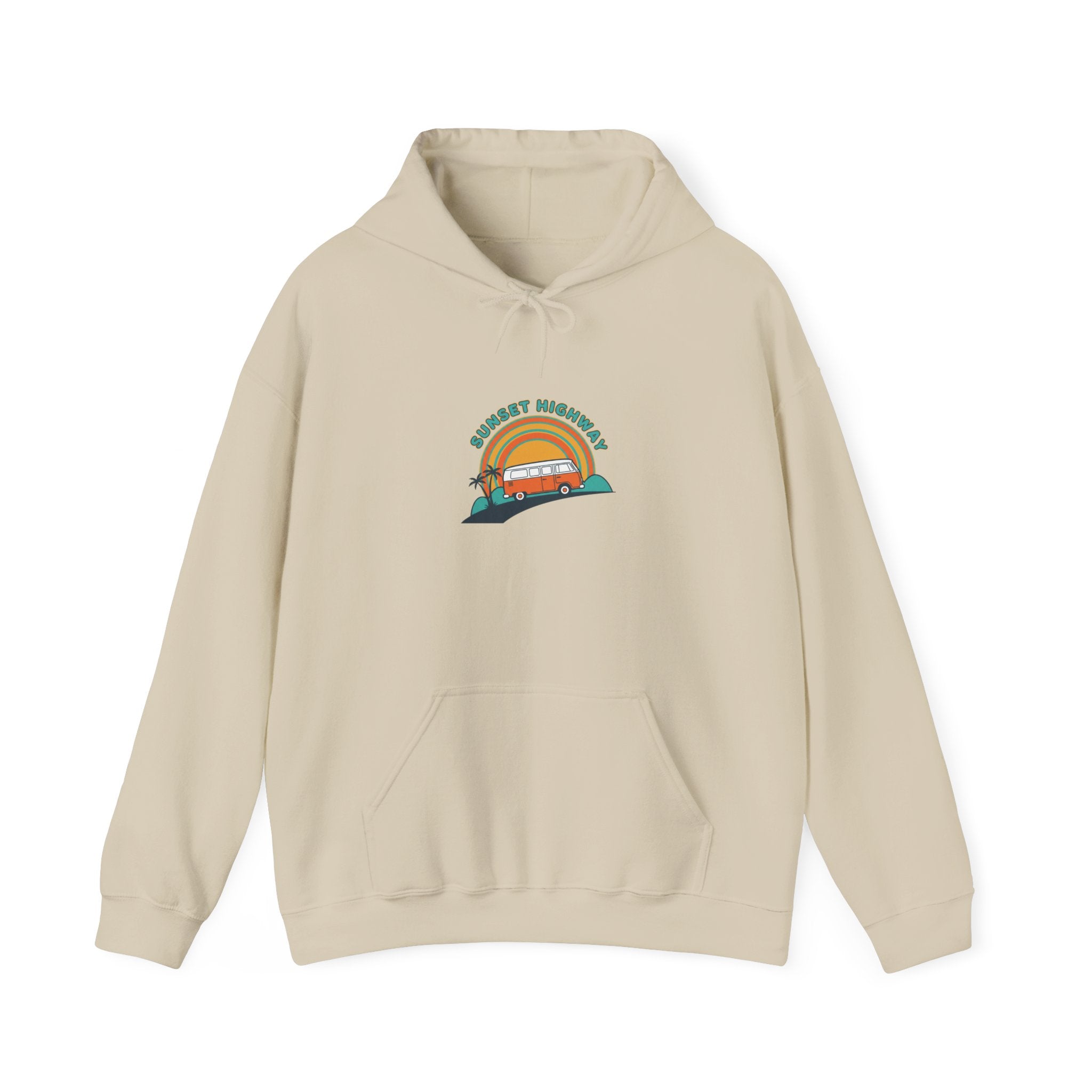 Retro 70s Sunset Surf Graphic Hoodie | Analog Sunshine, Vintage Palm Postcard Sand