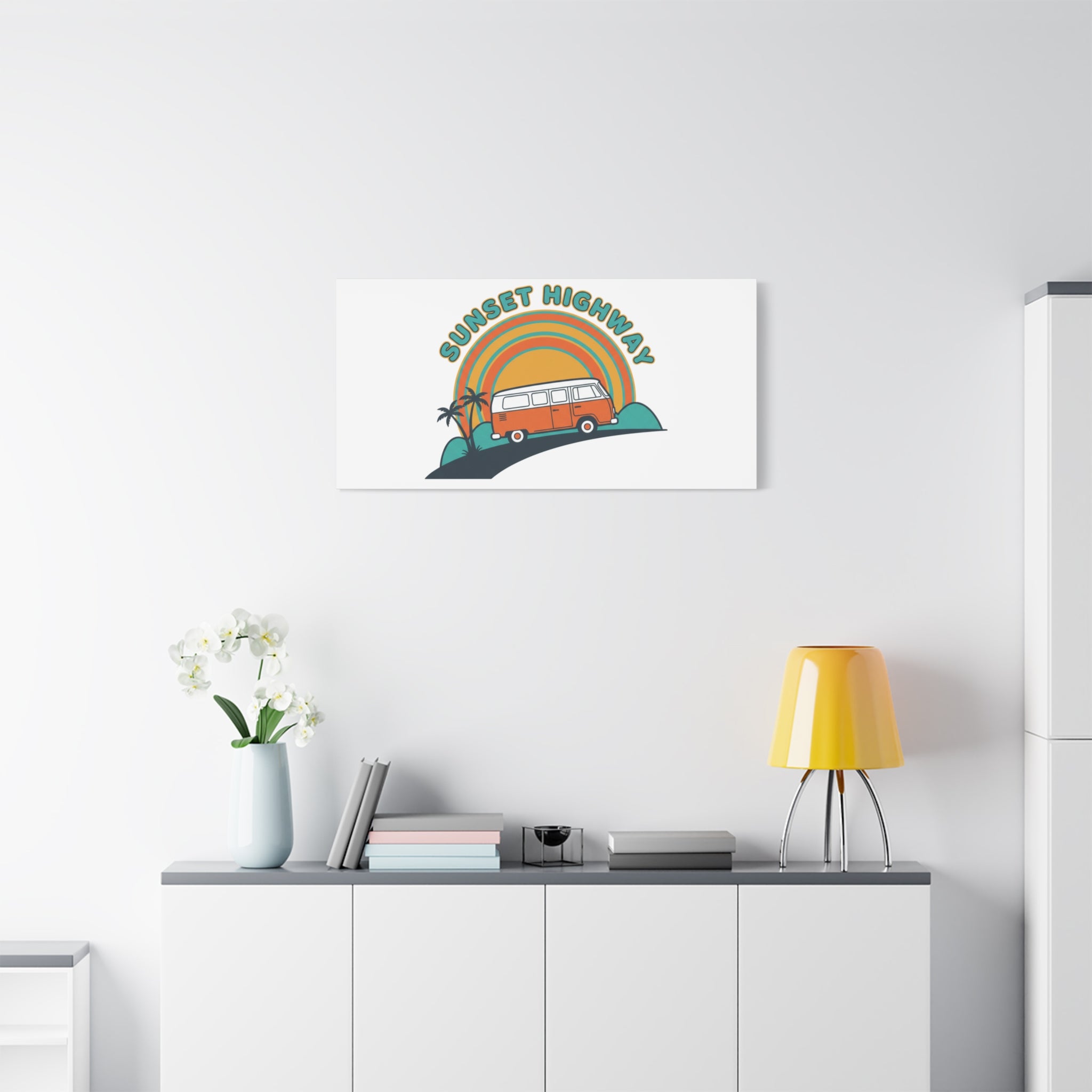 Sunset Highway Van Canvas | 1970s Retro Surf, Vintage Palm Poster 36" x 36" 1.25"