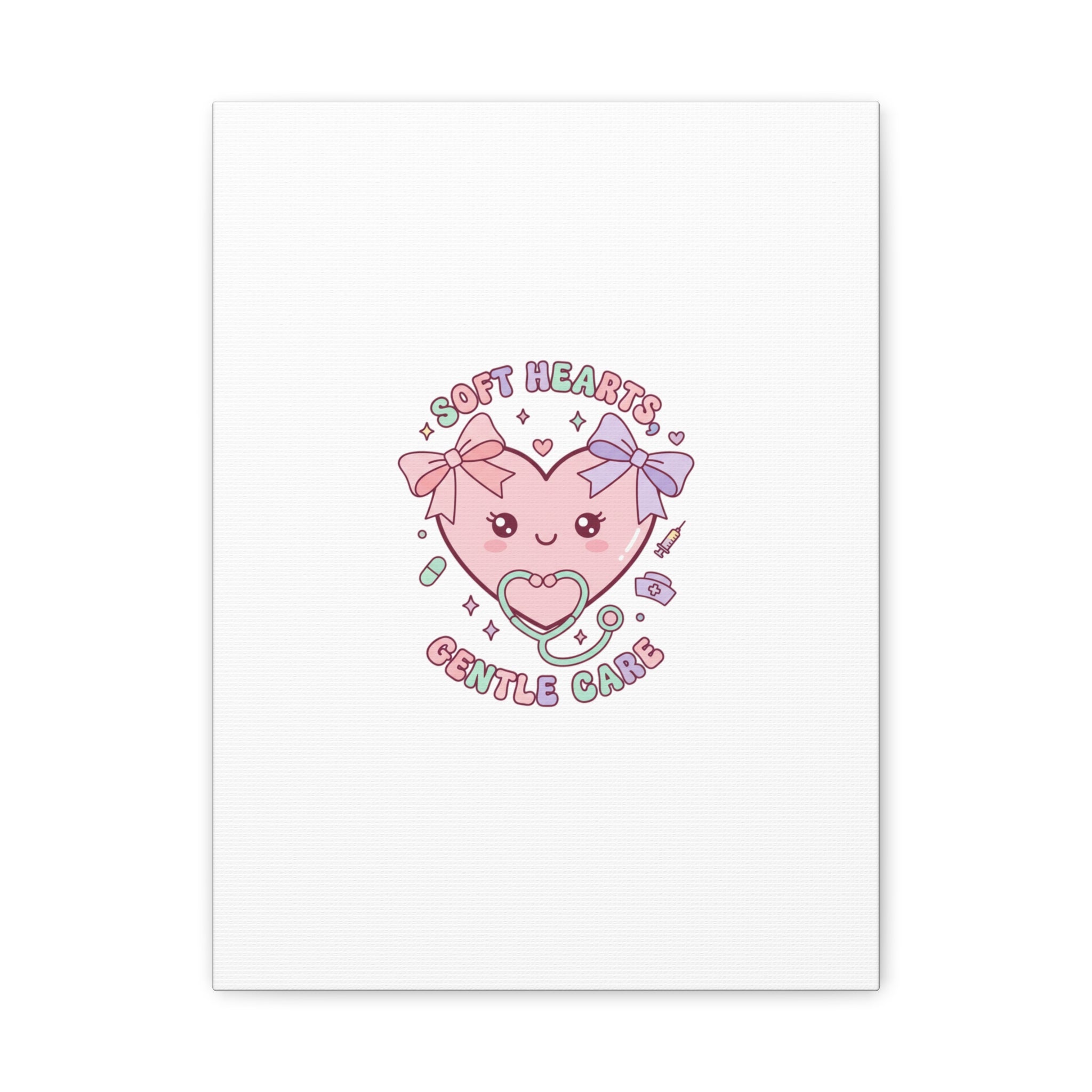 Soft Hearts Gentle Care Canvas, Cute Nurse Graphic | Pastel Coquette Medical Art 12″ x 16″ (Vertical) 1.25"