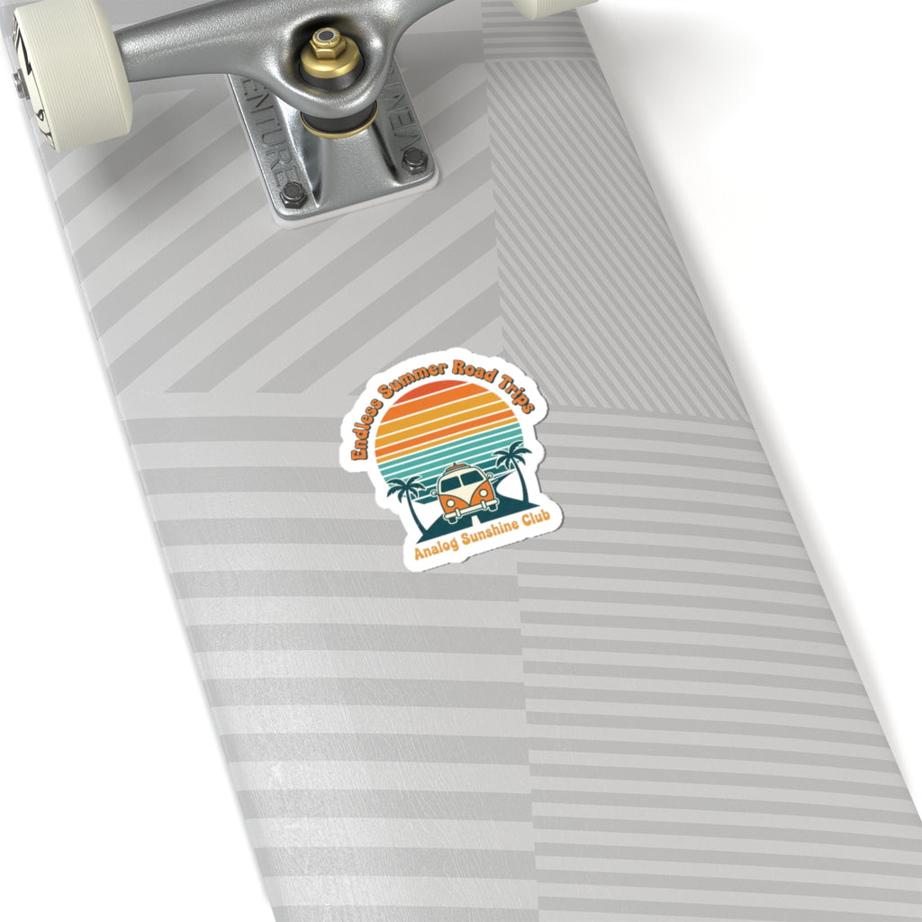 Retro VW Camper Sunset Sticker | 70s sunset, vintage palm postcard 2" × 2" White