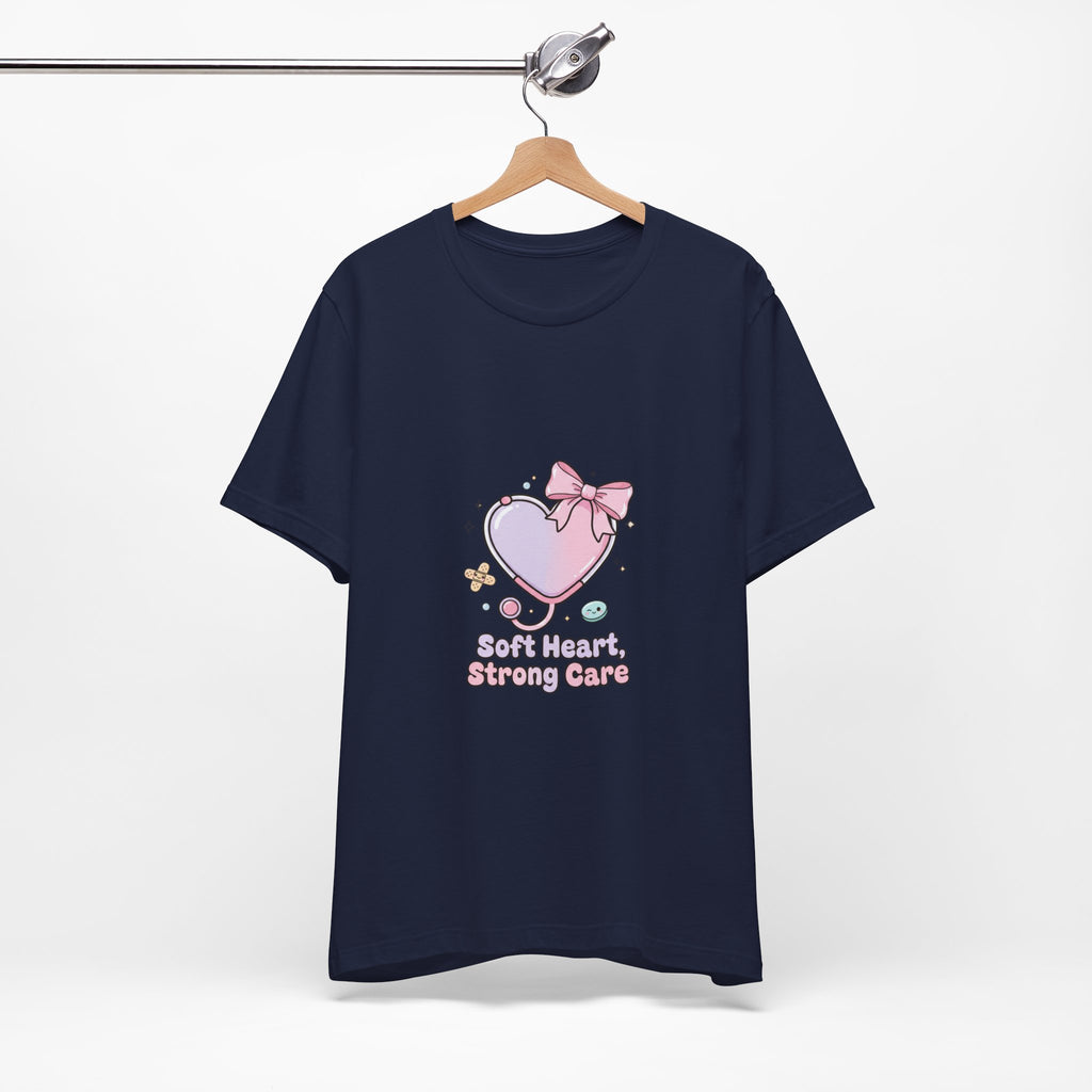 Soft Heart Strong Care T-Shirt | cute nurse graphic, pastel coquette medical shirt Navy