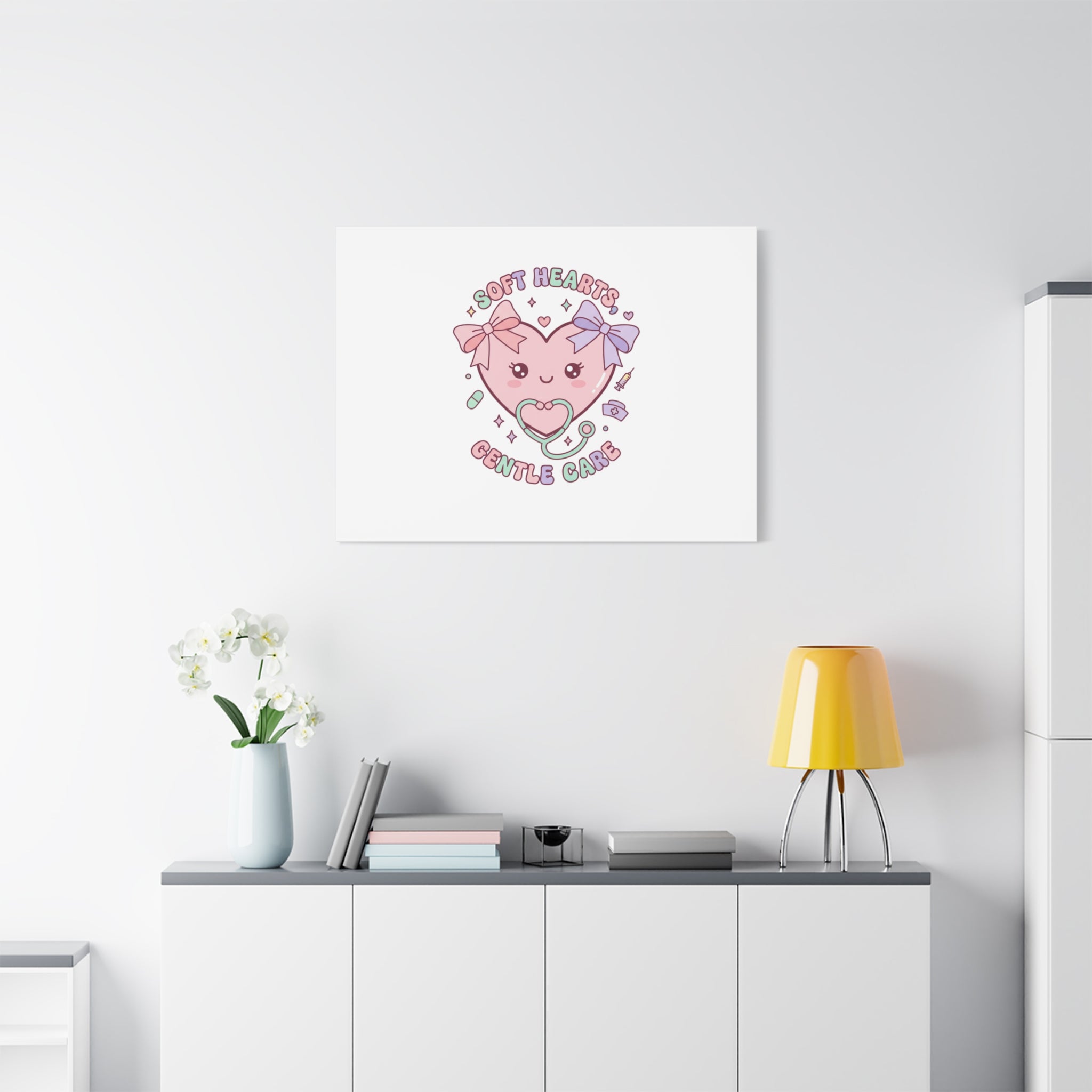 Soft Hearts Gentle Care Canvas, Cute Nurse Graphic | Pastel Coquette Medical Art 36" x 36" 1.25"