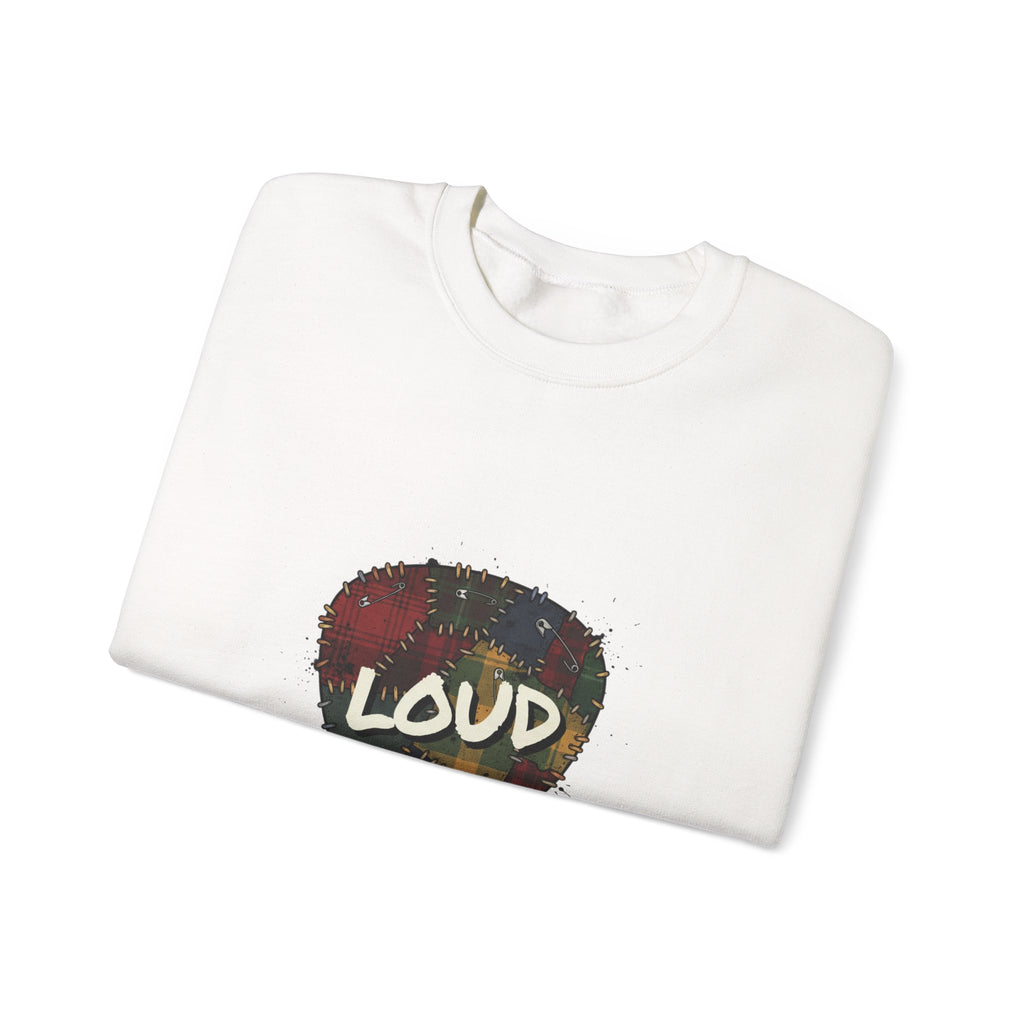 Loud Plaid Guitar Pick Crewneck Sweatshirt | Grunge Revival, 90s Flannel Aesthetic Navy