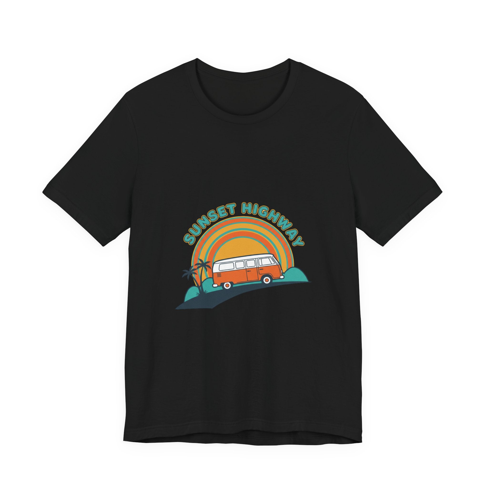 Sunset Highway VW Van Graphic Tee | 70s Sunset Shirt, Retro Surf Vintage Palm Black