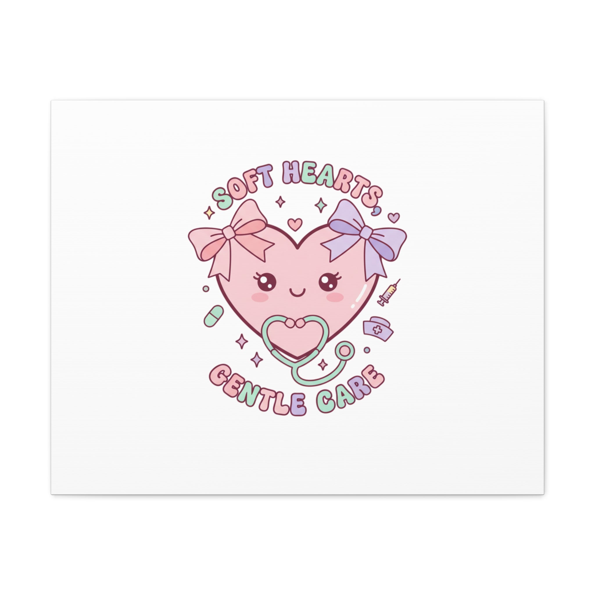 Soft Hearts Gentle Care Canvas, Cute Nurse Graphic | Pastel Coquette Medical Art 30" x 24" (Horizontal) 1.25"