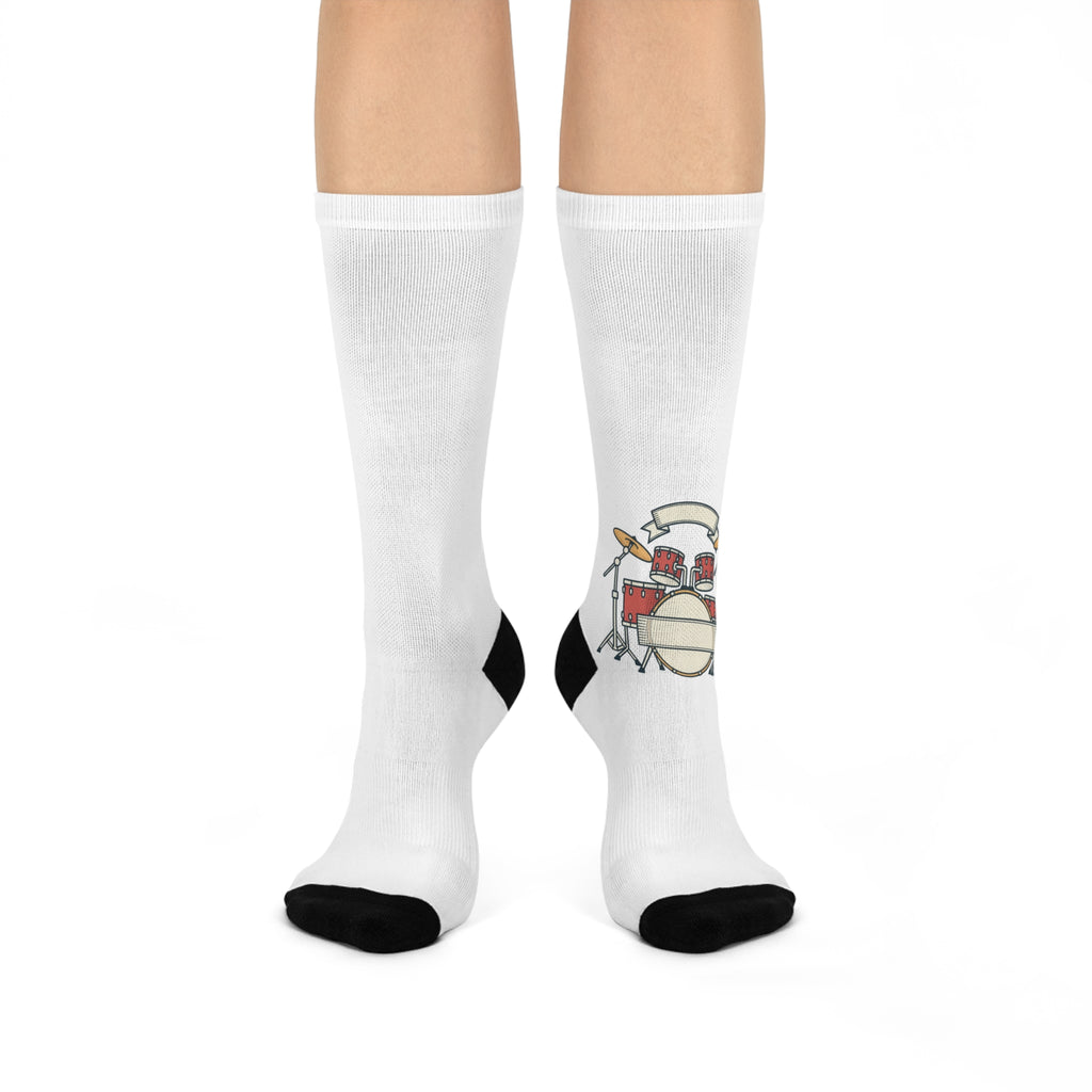 Drum Set Illustration Cushioned Crew Socks | Musician Band Socks White One size 3 4 Crew