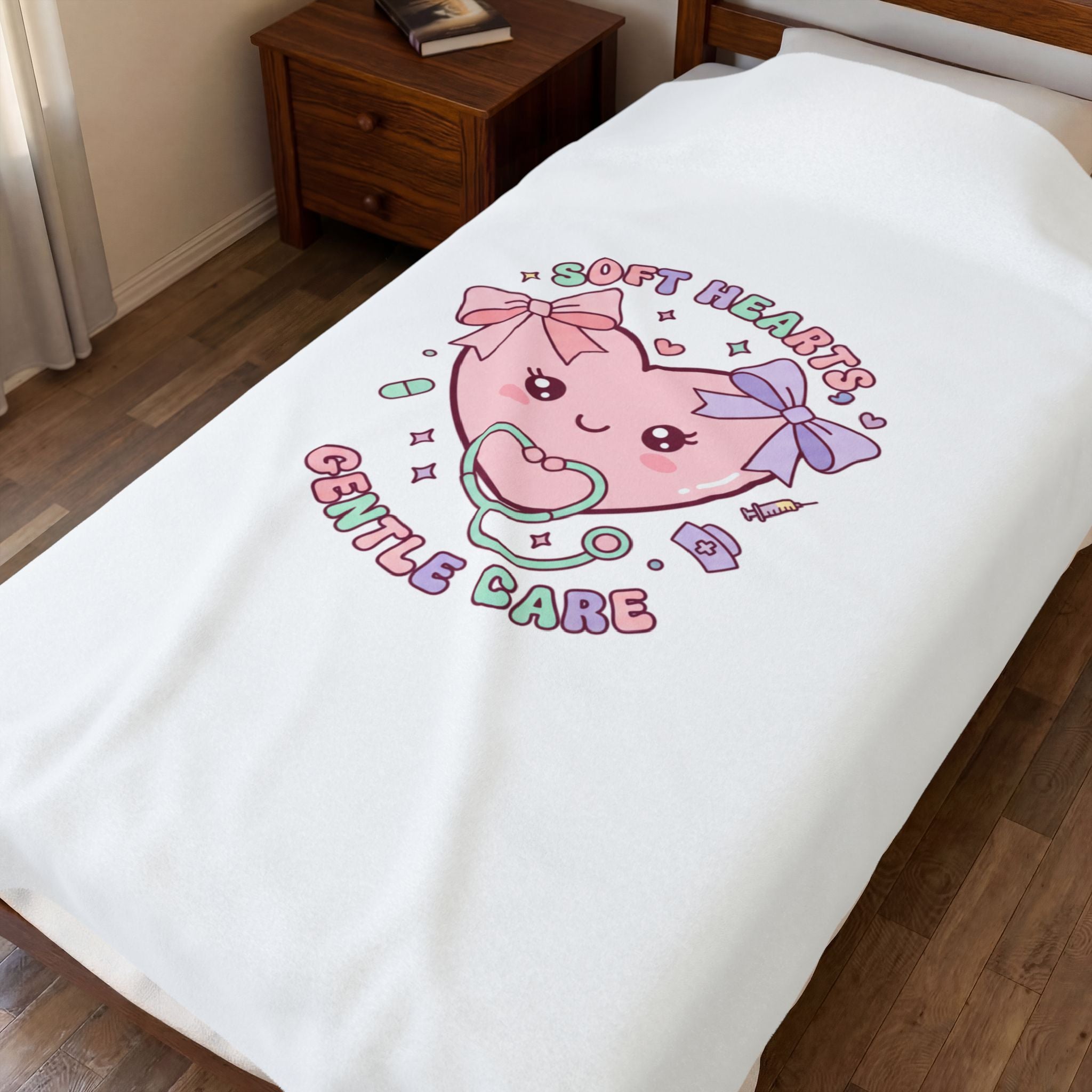 Soft Hearts Gentle Care Velveteen Plush Blanket | pastel kawaii nurse graphic, coquette medical 30" × 40"