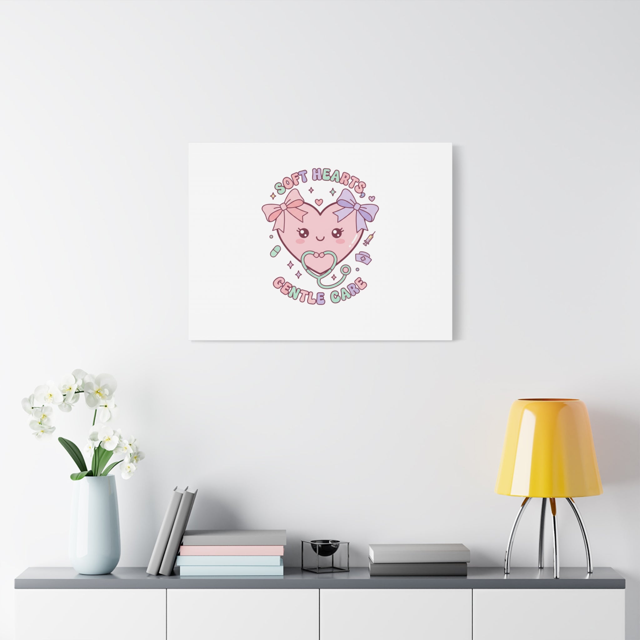 Soft Hearts Gentle Care Canvas, Cute Nurse Graphic | Pastel Coquette Medical Art 36" x 36" 1.25"
