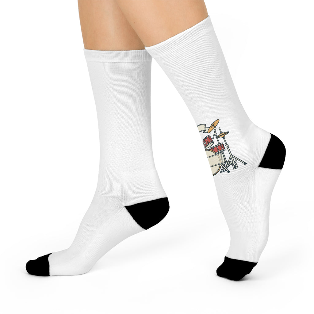 Drum Set Illustration Cushioned Crew Socks | Musician Band Socks White One size 3 4 Crew