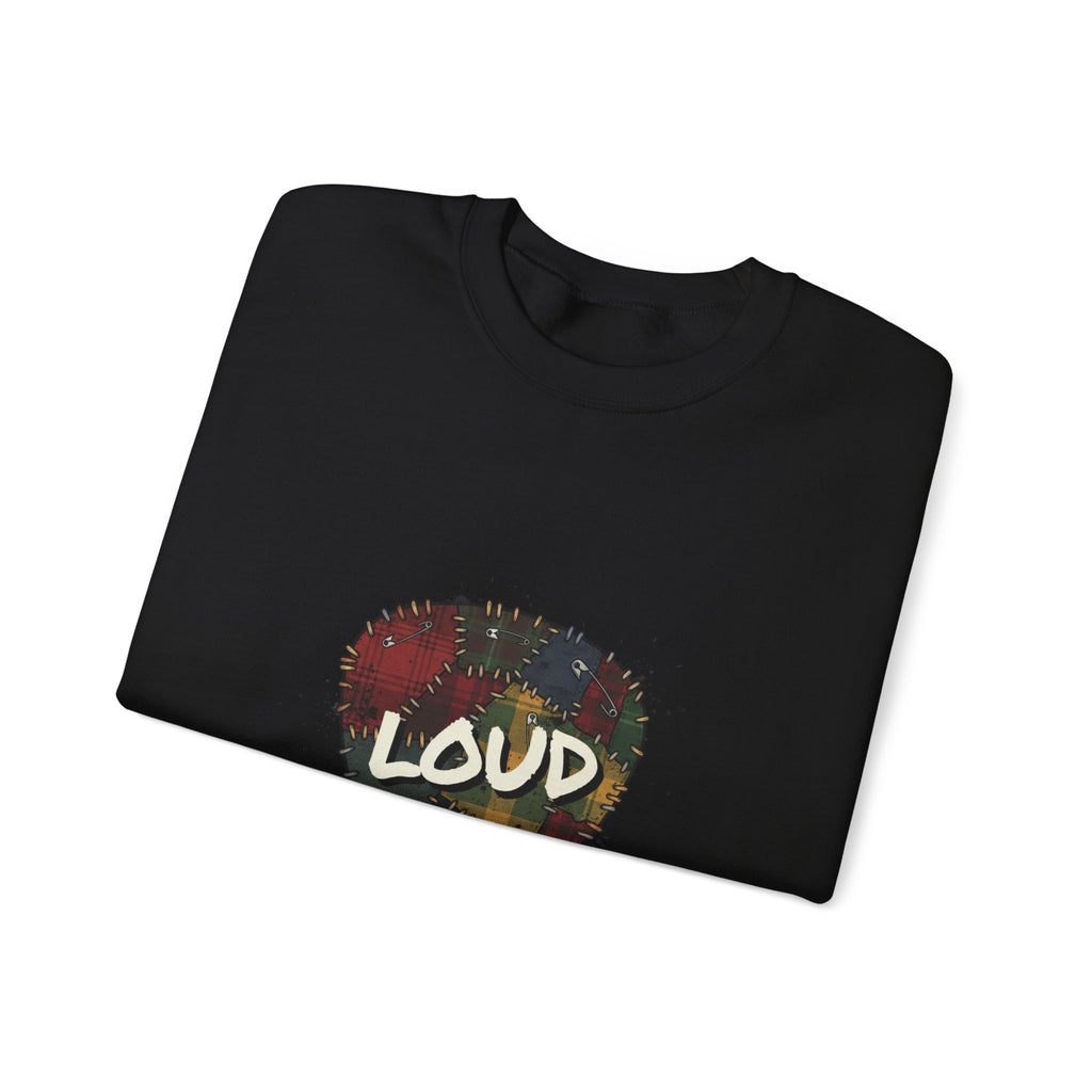 Loud Plaid Guitar Pick Crewneck Sweatshirt | Grunge Revival, 90s Flannel Aesthetic Navy