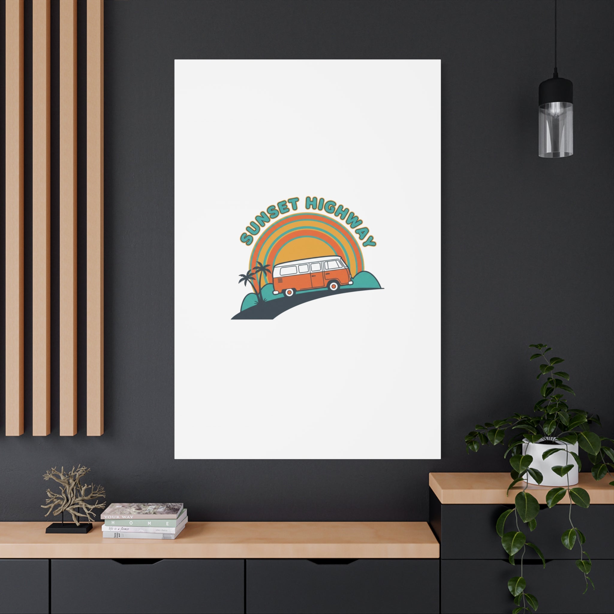 Sunset Highway Van Canvas | 1970s Retro Surf, Vintage Palm Poster 36" x 36" 1.25"