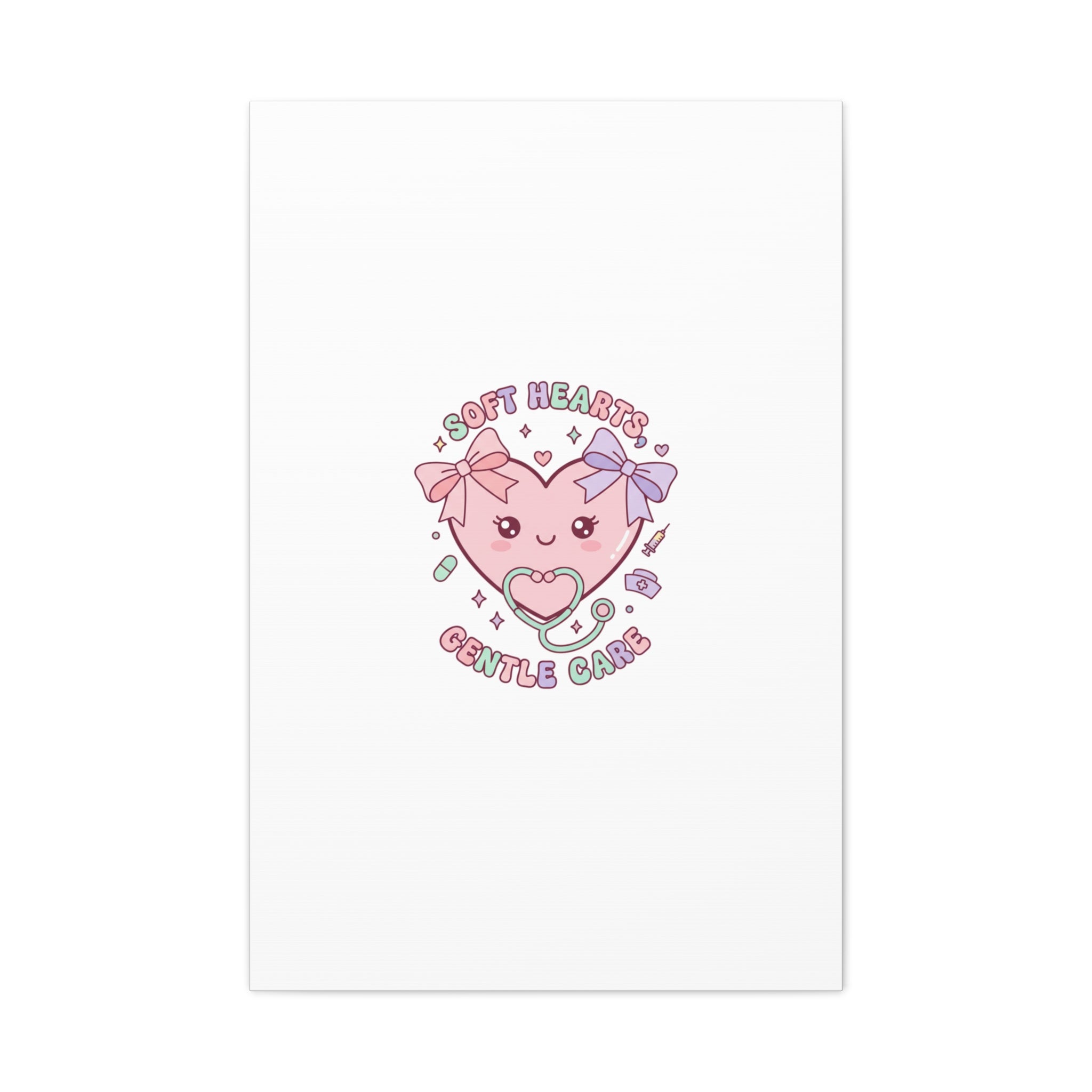 Soft Hearts Gentle Care Canvas, Cute Nurse Graphic | Pastel Coquette Medical Art 24" x 36" (Vertical) 1.25"
