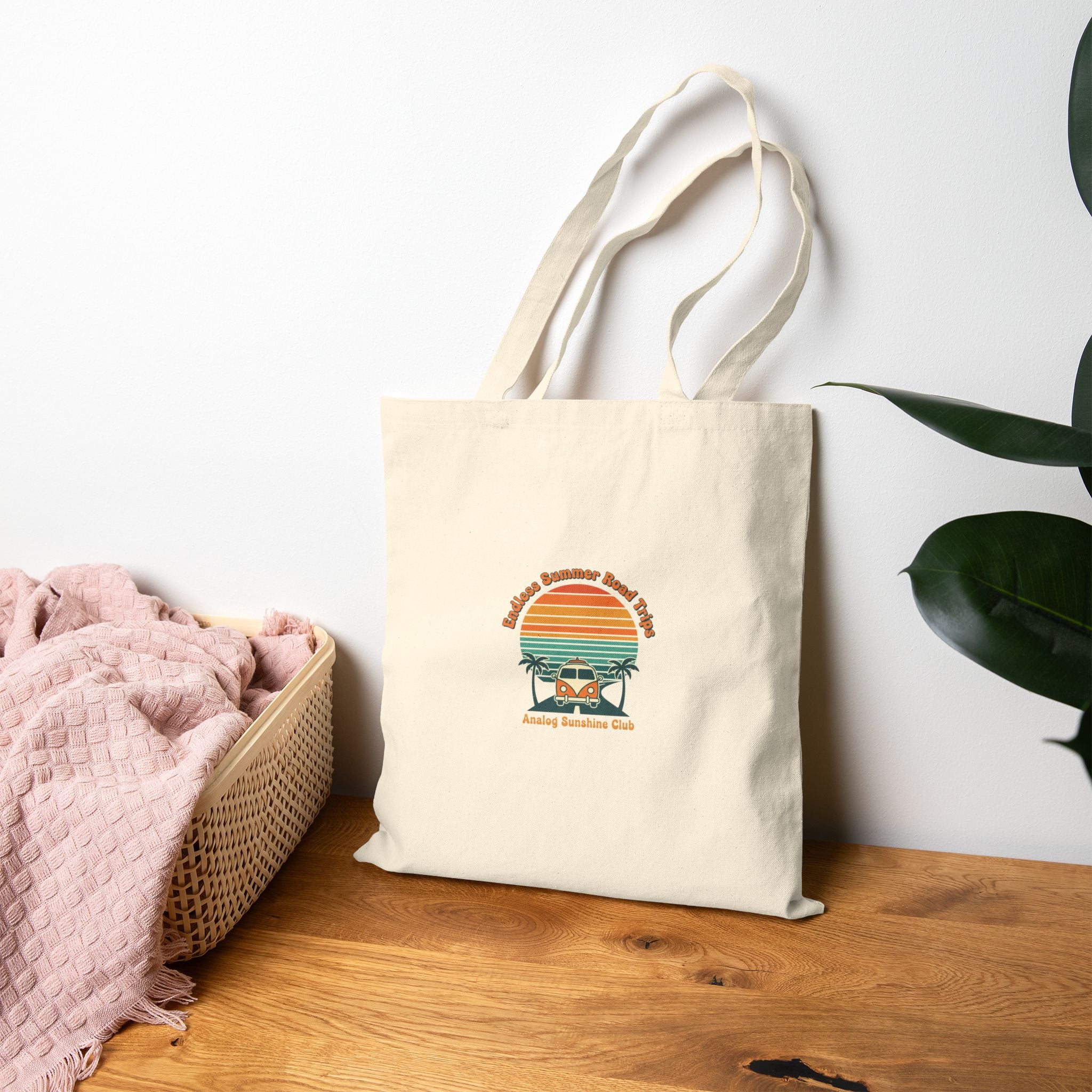 Retro 70s Sunset Palm Tote | Analog Sunshine, Vintage Surf Postcard