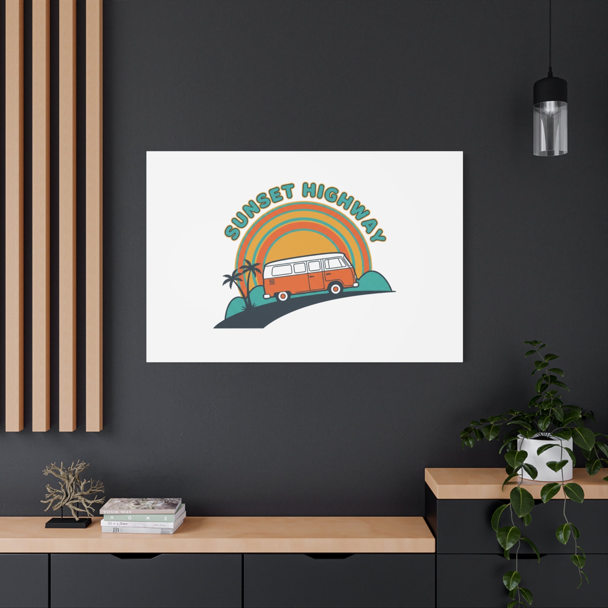 Sunset Highway Van Canvas | 1970s Retro Surf, Vintage Palm Poster 36" x 36" 1.25"