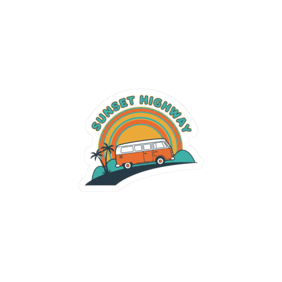 Sunset Highway Van Sticker | 70s Retro Surf, Vintage Palm Postcard