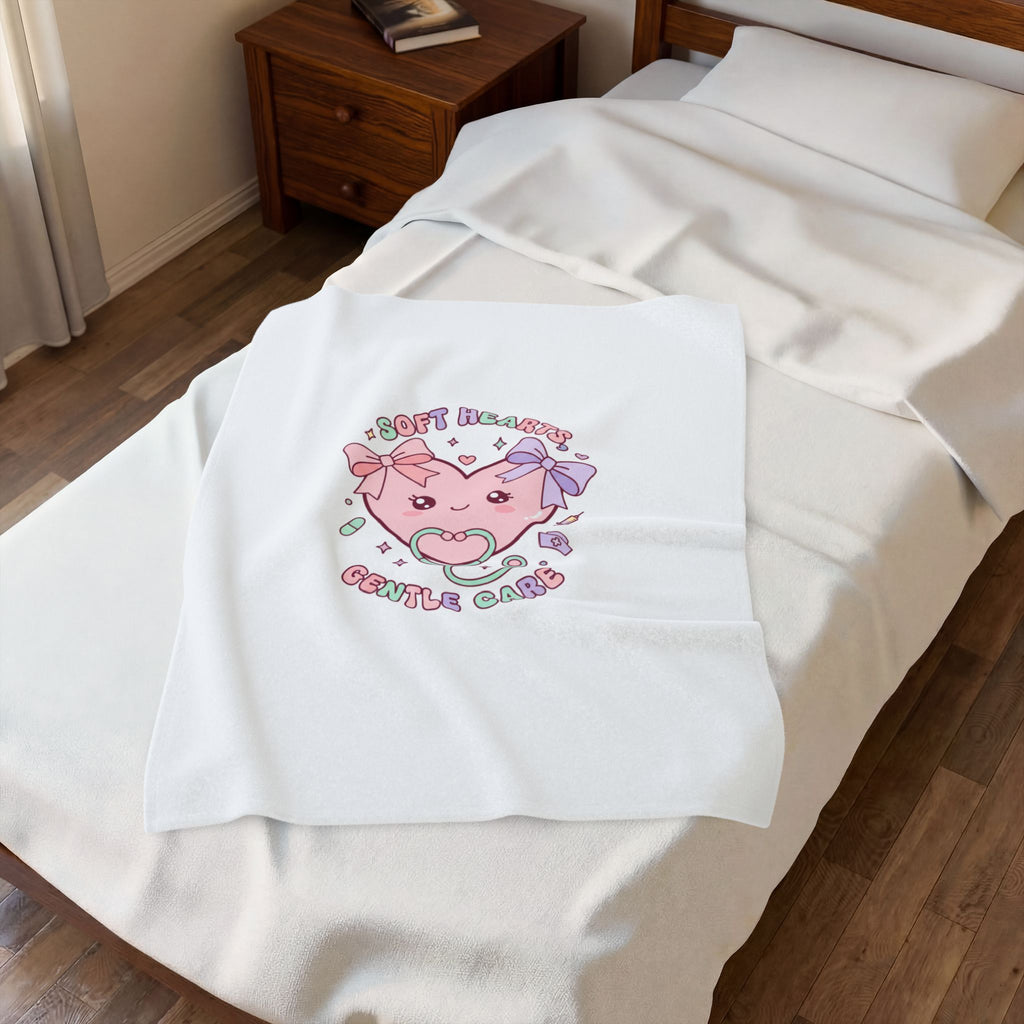 Soft Hearts Gentle Care Velveteen Plush Blanket | pastel kawaii nurse graphic, coquette medical 30" × 40"