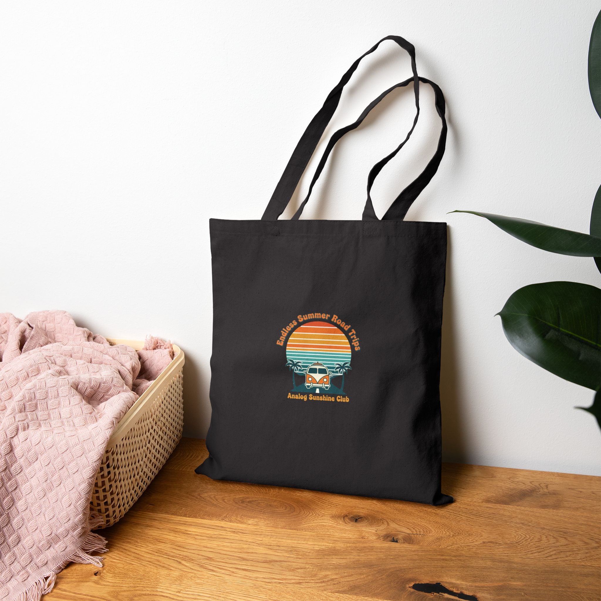 Retro 70s Sunset Palm Tote | Analog Sunshine, Vintage Surf Postcard
