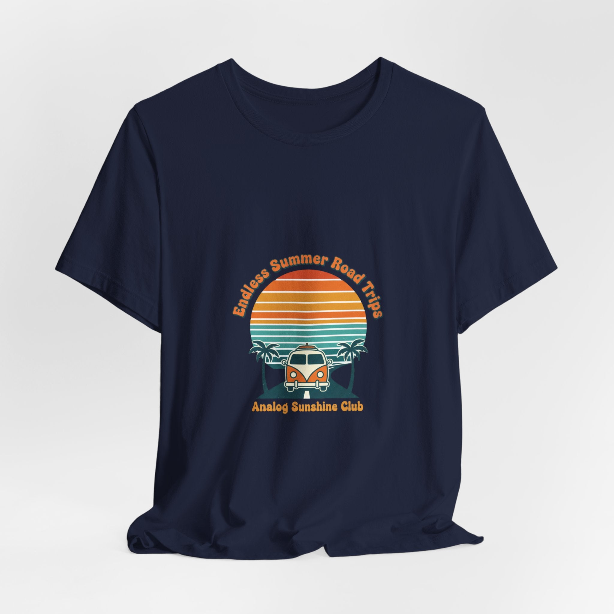 Retro 70s Sunset Surf Graphic Tee | Vintage Palm Golden Hour Postcard Navy