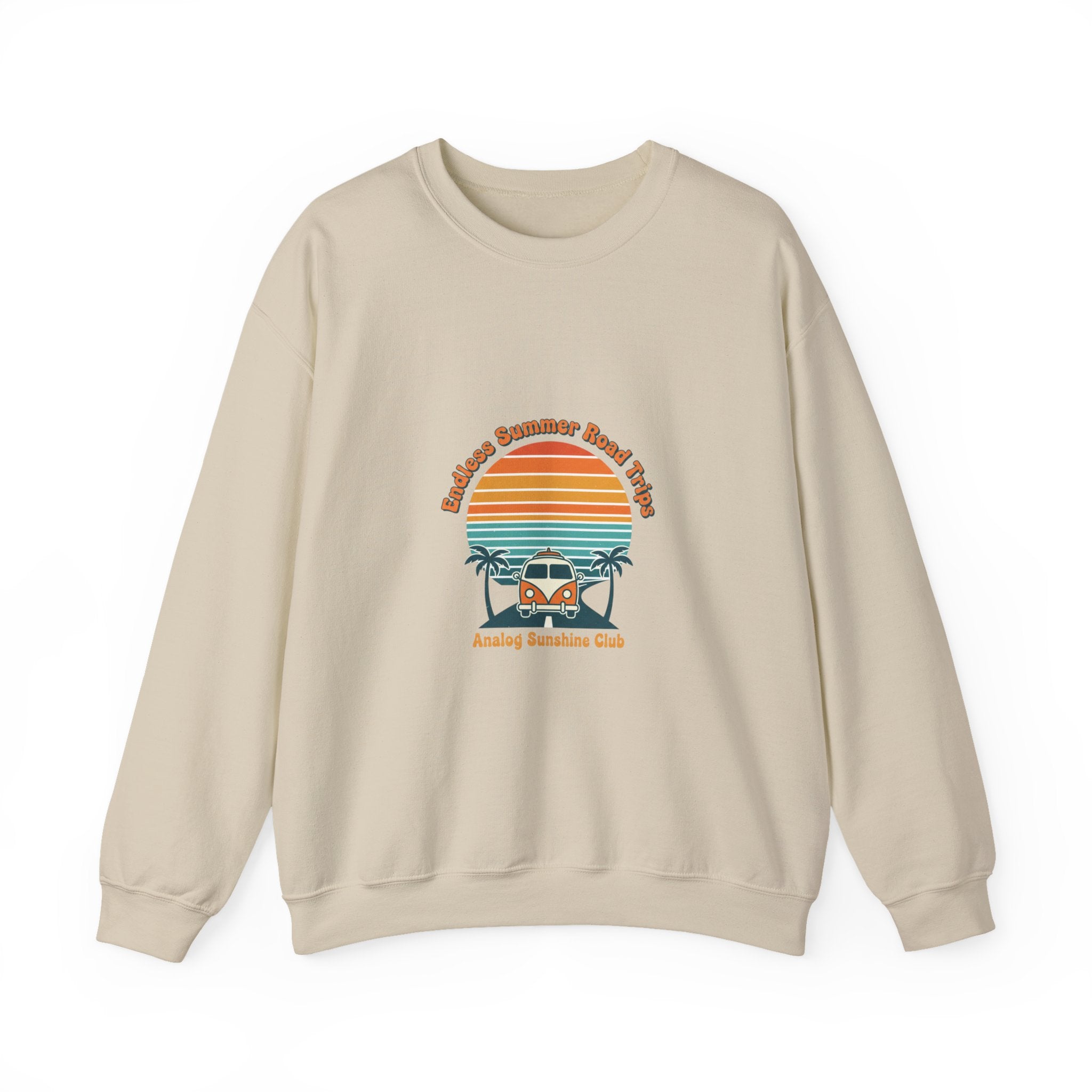 Vintage 70s Sunset Camper Crewneck Sweatshirt | Retro Surf Graphic, Golden Hour Postcard Sand