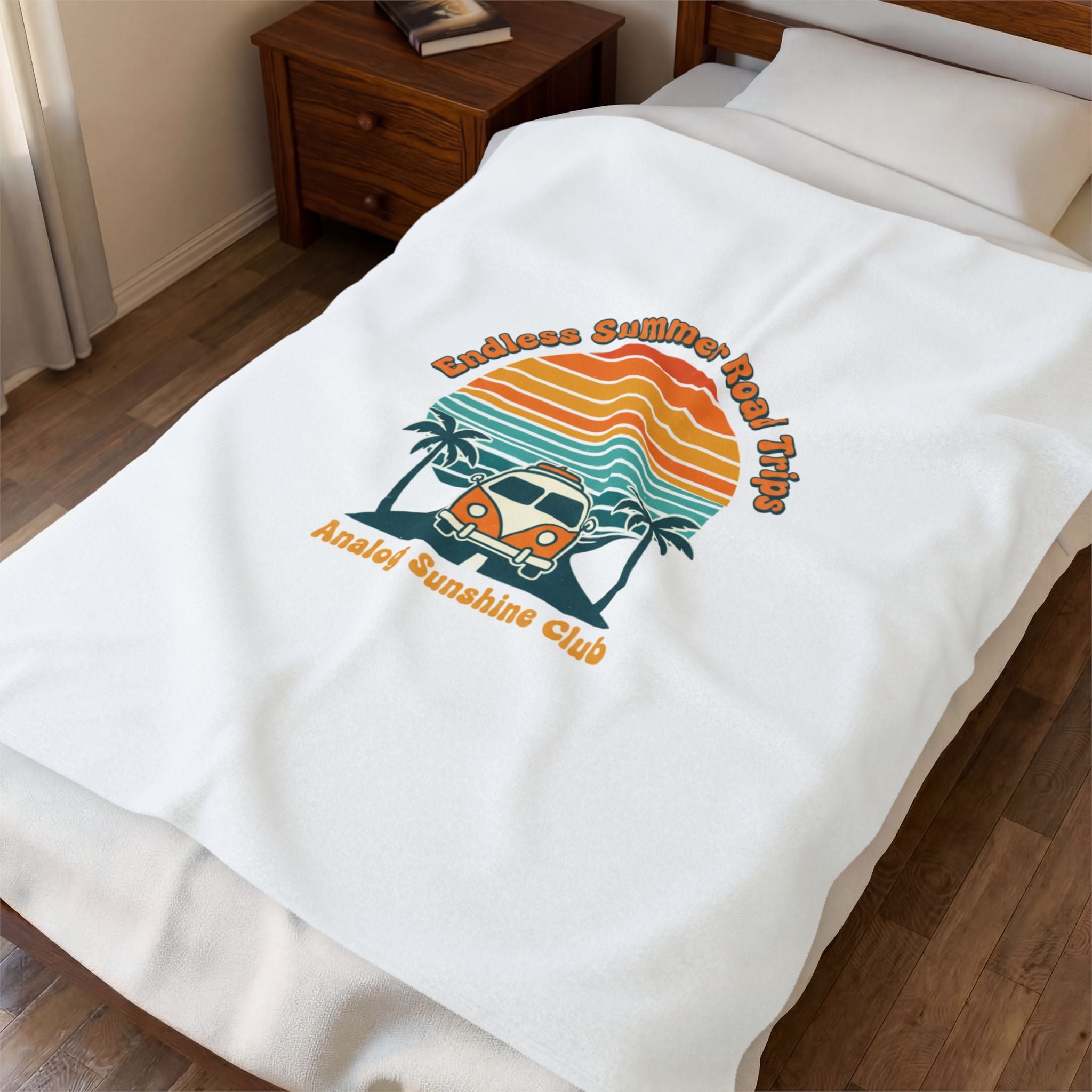 Retro 70s Sunset Surf Van Blanket | Analog Sunshine, Vintage Palm Postcard