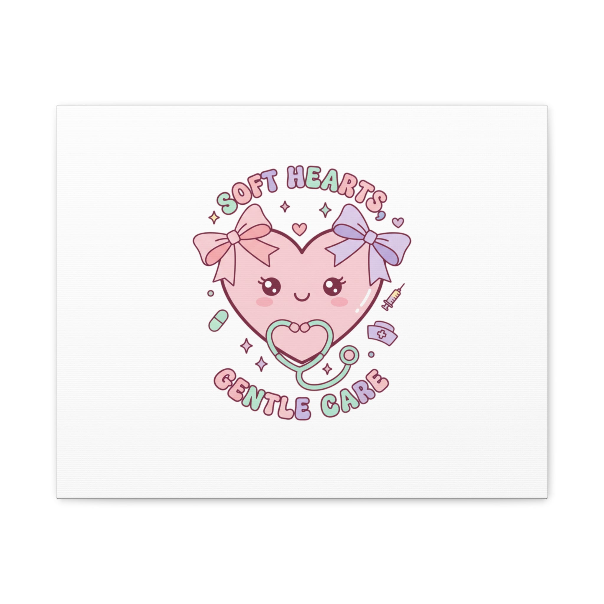 Soft Hearts Gentle Care Canvas, Cute Nurse Graphic | Pastel Coquette Medical Art 20″ x 16″ (Horizontal) 1.25"