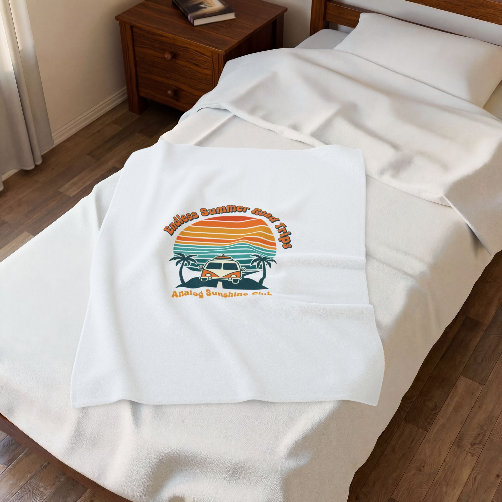Retro 70s Sunset Surf Van Blanket | Analog Sunshine, Vintage Palm Postcard