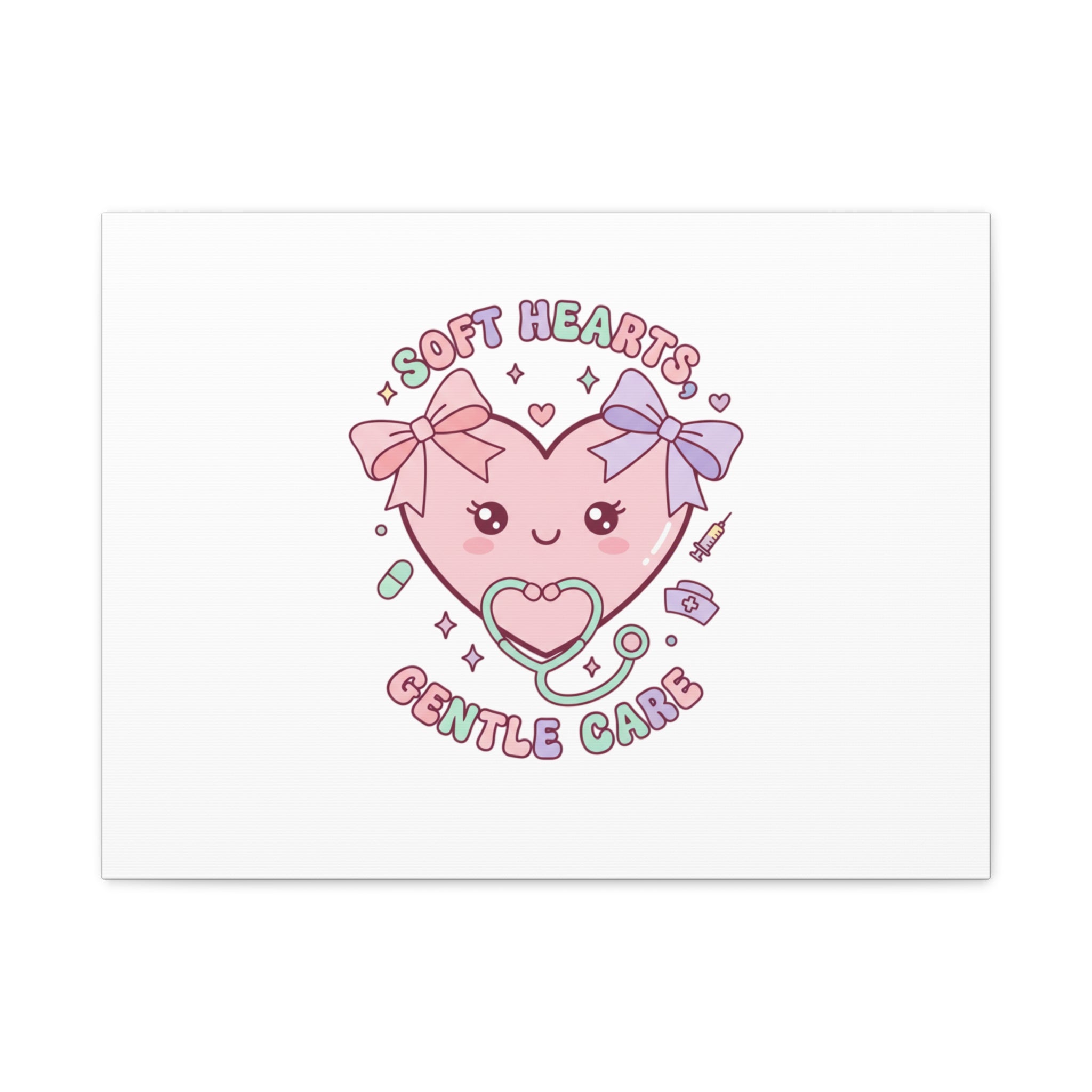 Soft Hearts Gentle Care Canvas, Cute Nurse Graphic | Pastel Coquette Medical Art 24″ x 18″ (Horizontal) 1.25"