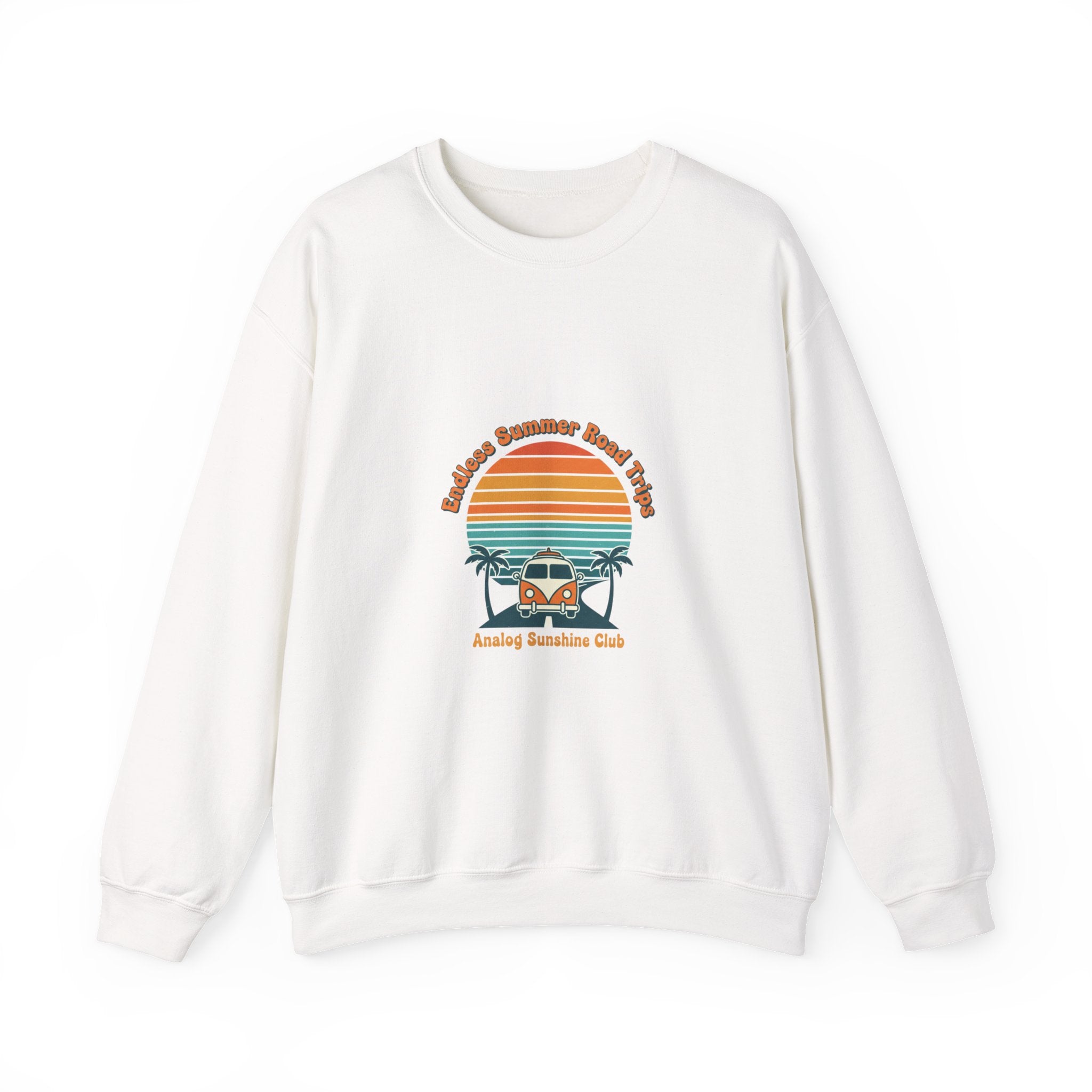 Vintage 70s Sunset Camper Crewneck Sweatshirt | Retro Surf Graphic, Golden Hour Postcard White