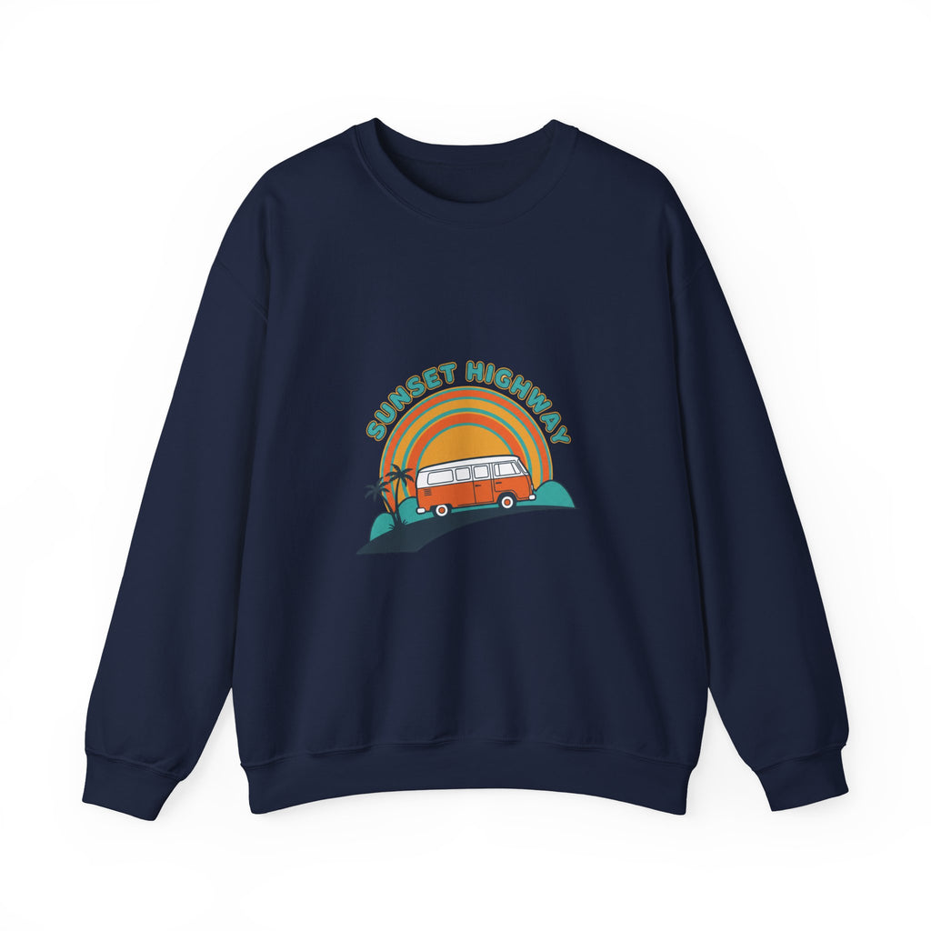 Sunset Highway Retro Surf Graphic Sweatshirt | 1970s Analog Sunshine, Vintage Palm Navy