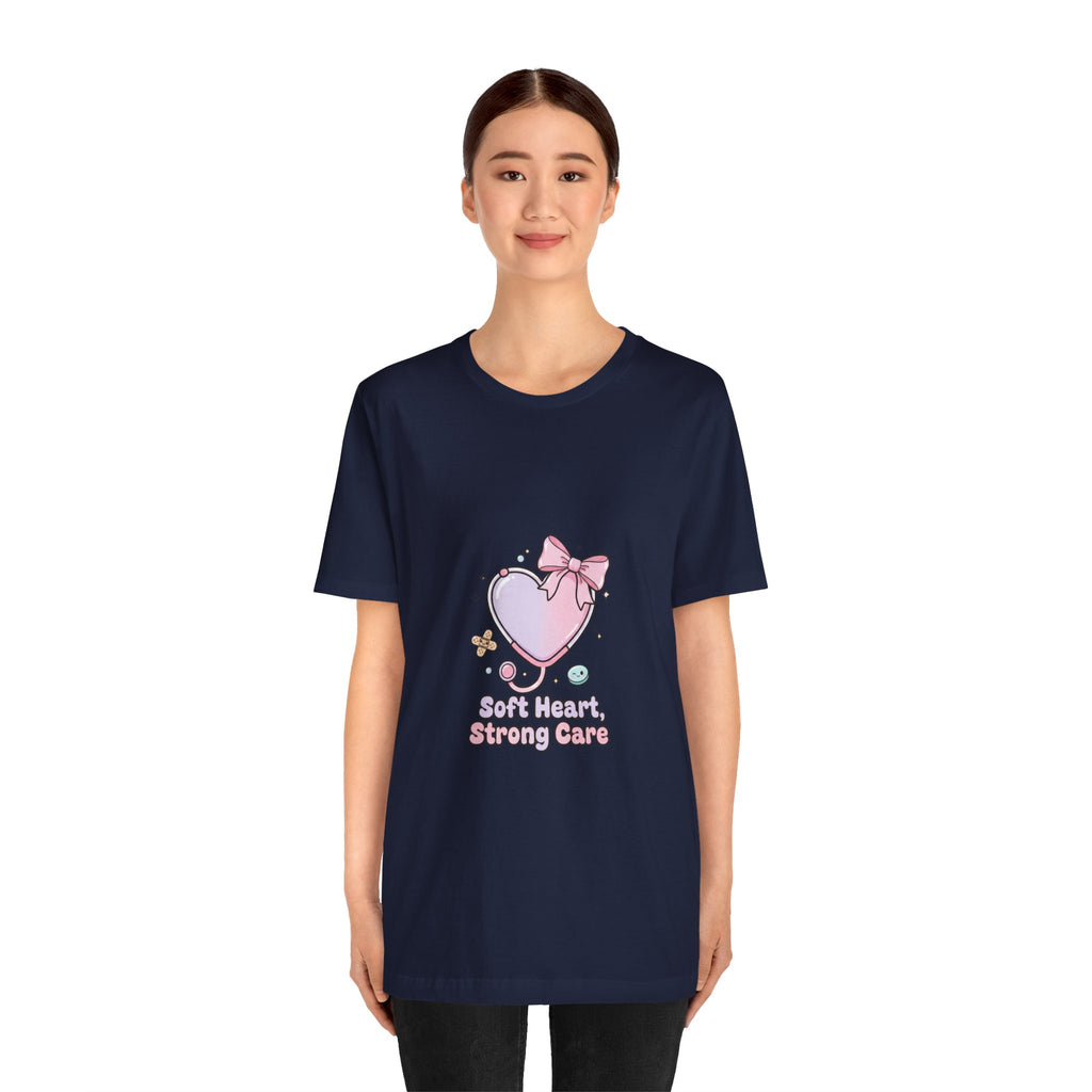 Soft Heart Strong Care T-Shirt | cute nurse graphic, pastel coquette medical shirt Navy