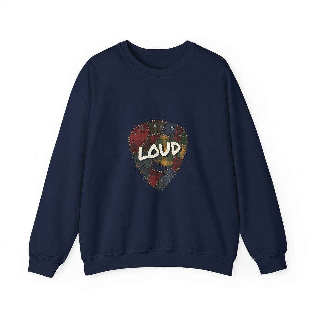Loud Plaid Guitar Pick Crewneck Sweatshirt | Grunge Revival, 90s Flannel Aesthetic Navy