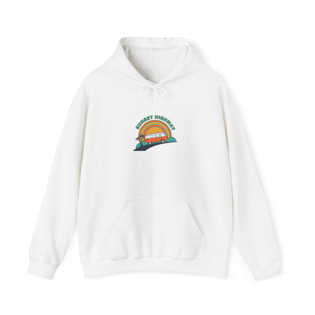 Retro 70s Sunset Surf Graphic Hoodie | Analog Sunshine, Vintage Palm Postcard