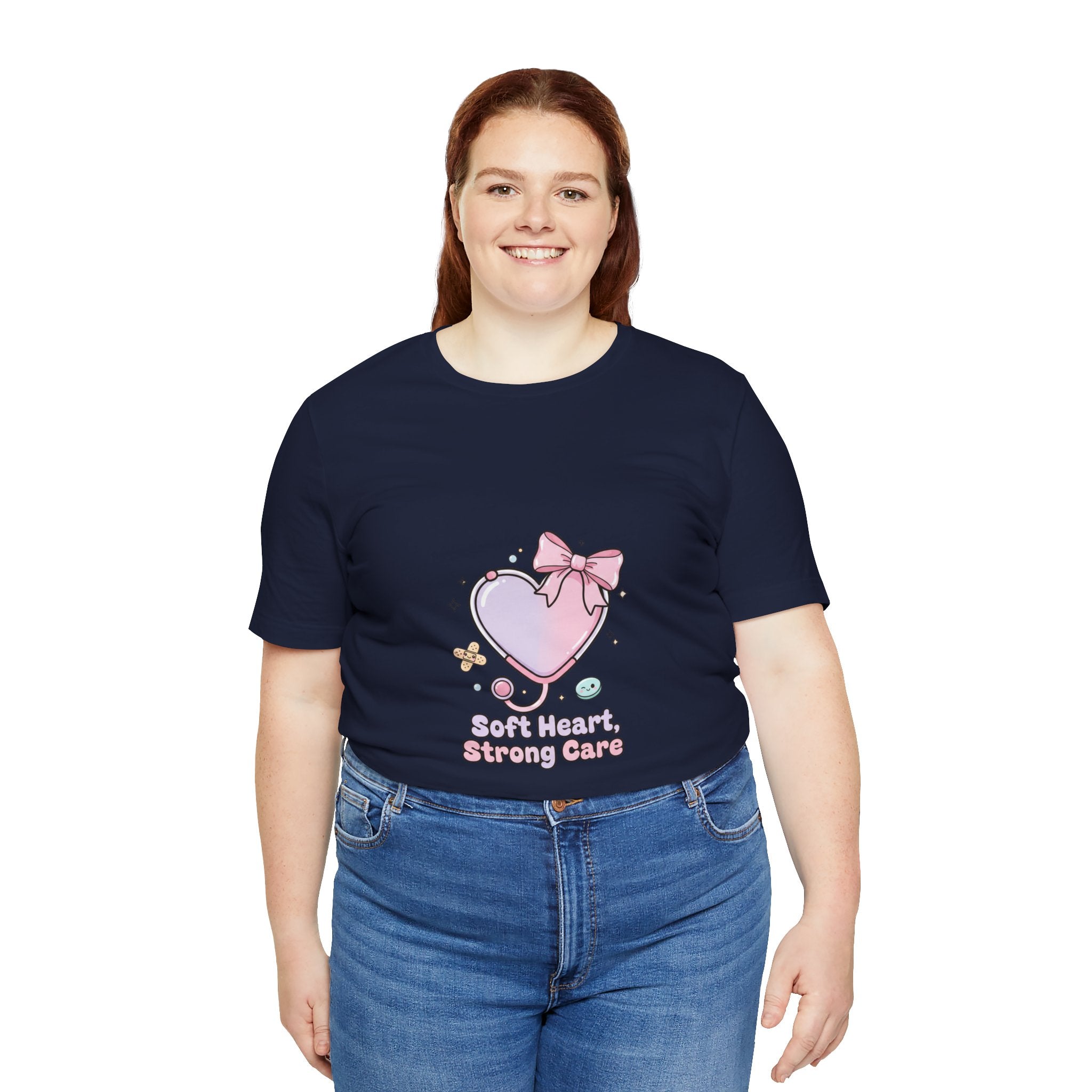Soft Heart Strong Care T-Shirt | cute nurse graphic, pastel coquette medical shirt Navy