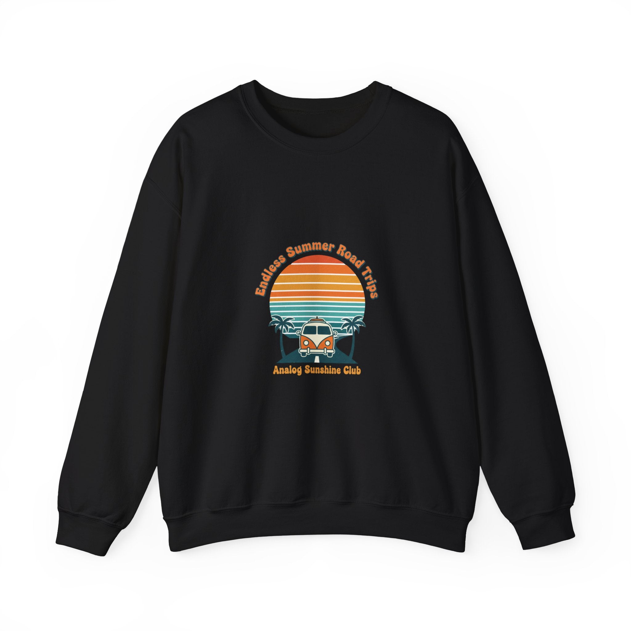Vintage 70s Sunset Camper Crewneck Sweatshirt | Retro Surf Graphic, Golden Hour Postcard Black