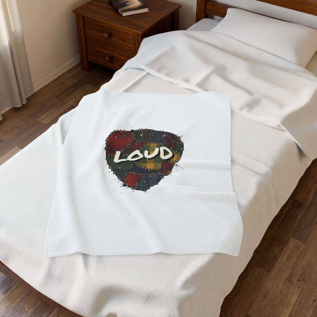 Plaid Patchwork 'Loud' Guitar Pick Velveteen Plush Blanket | Grunge Revival, 90s Flannel Aesthetic