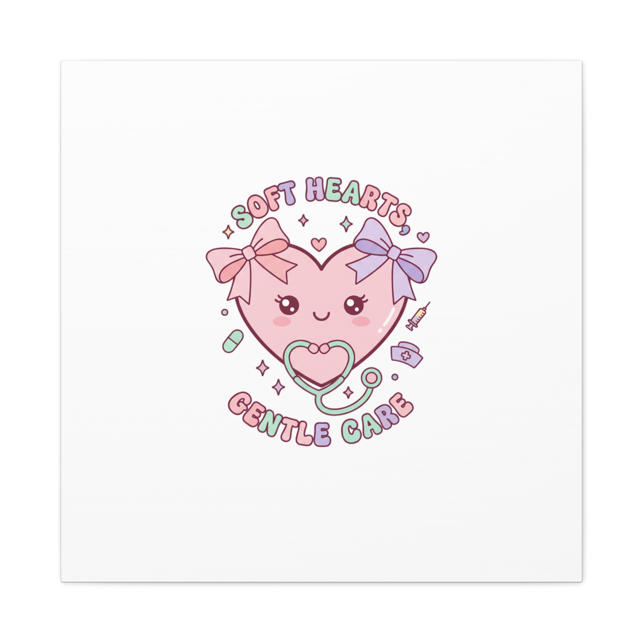 Soft Hearts Gentle Care Canvas, Cute Nurse Graphic | Pastel Coquette Medical Art 30″ x 30″ 1.25"