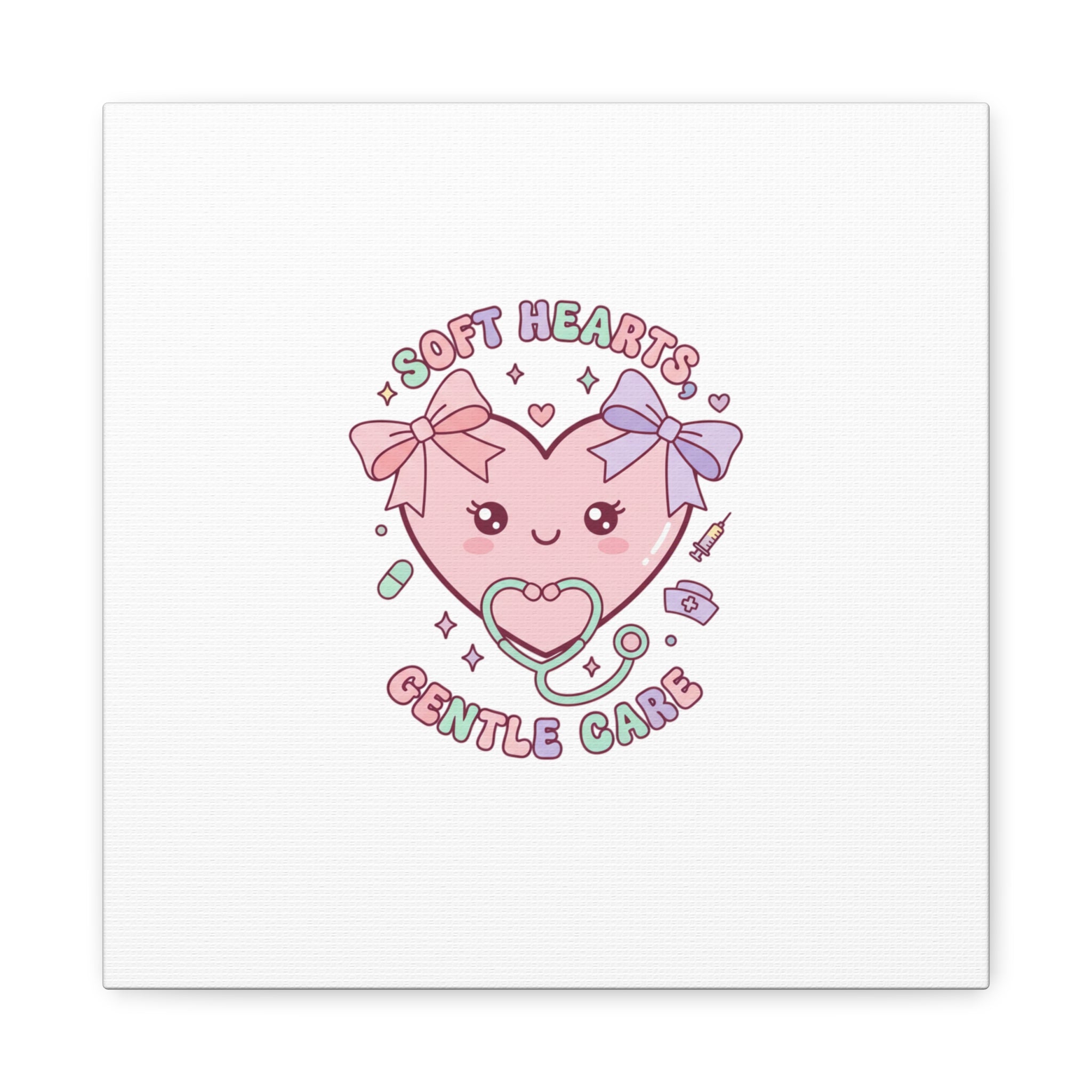 Soft Hearts Gentle Care Canvas, Cute Nurse Graphic | Pastel Coquette Medical Art 12″ x 12″ 1.25"