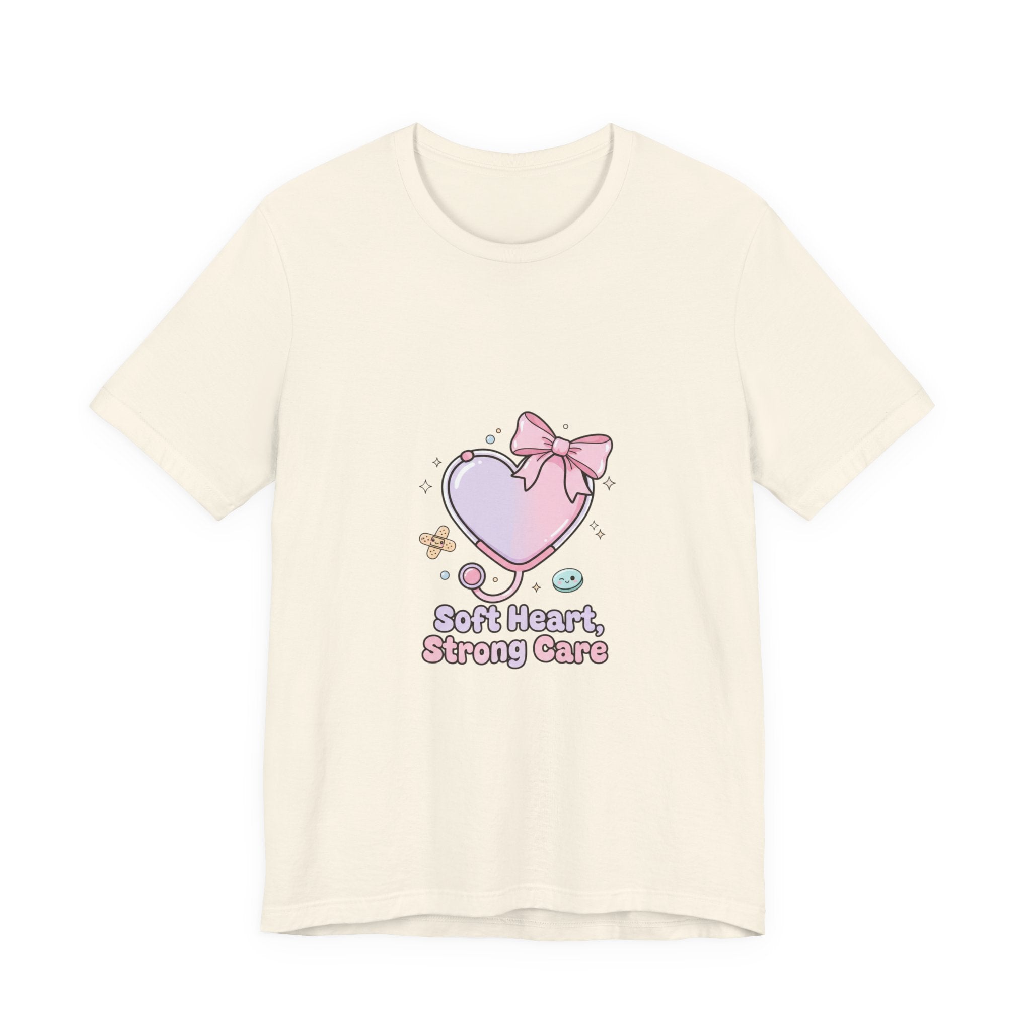 Soft Heart Strong Care T-Shirt | cute nurse graphic, pastel coquette medical shirt Natural