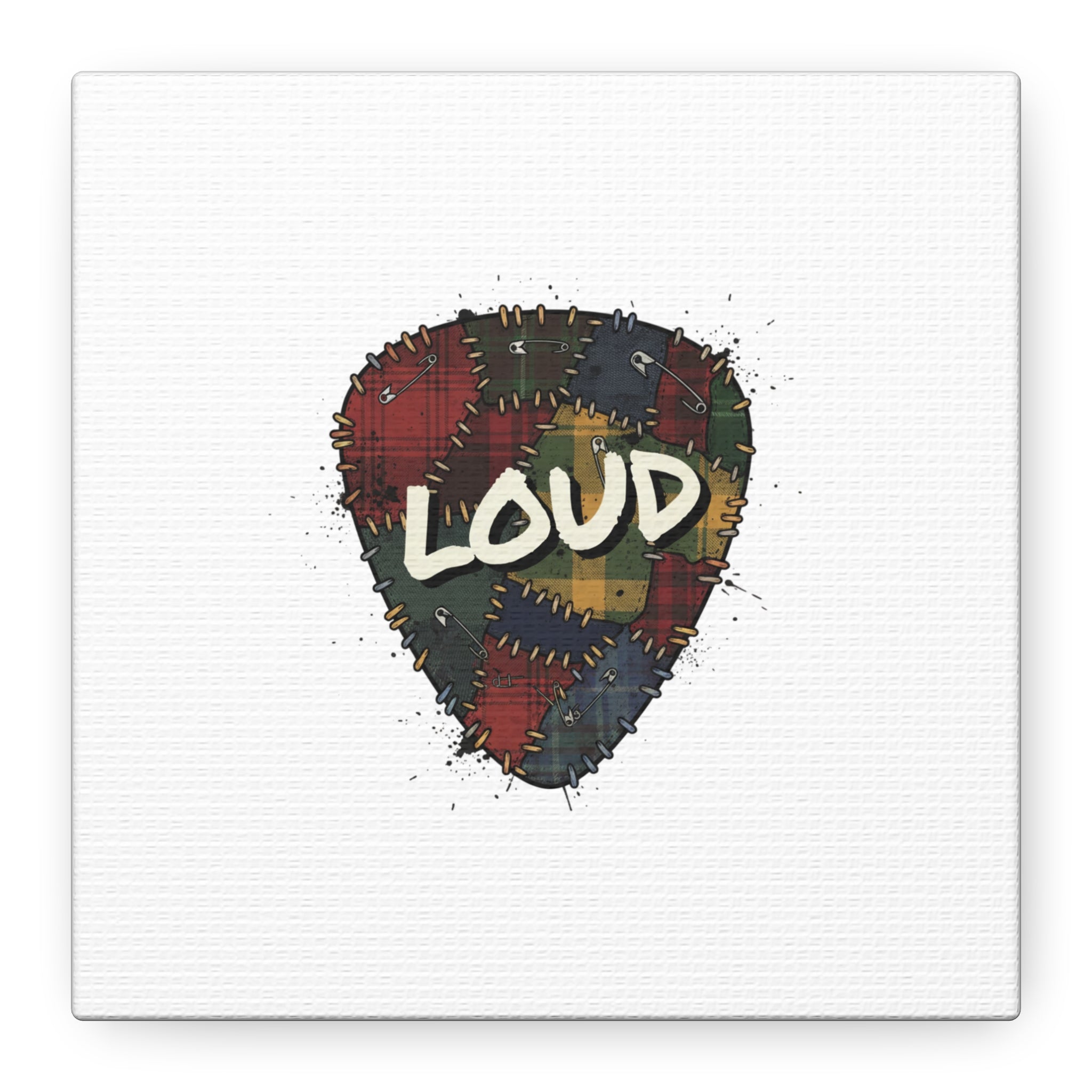Plaid Patchwork Guitar Pick Canvas, Grunge Revival, 90s Rock Plaid Aesthetic 6" x 6" 1.25"