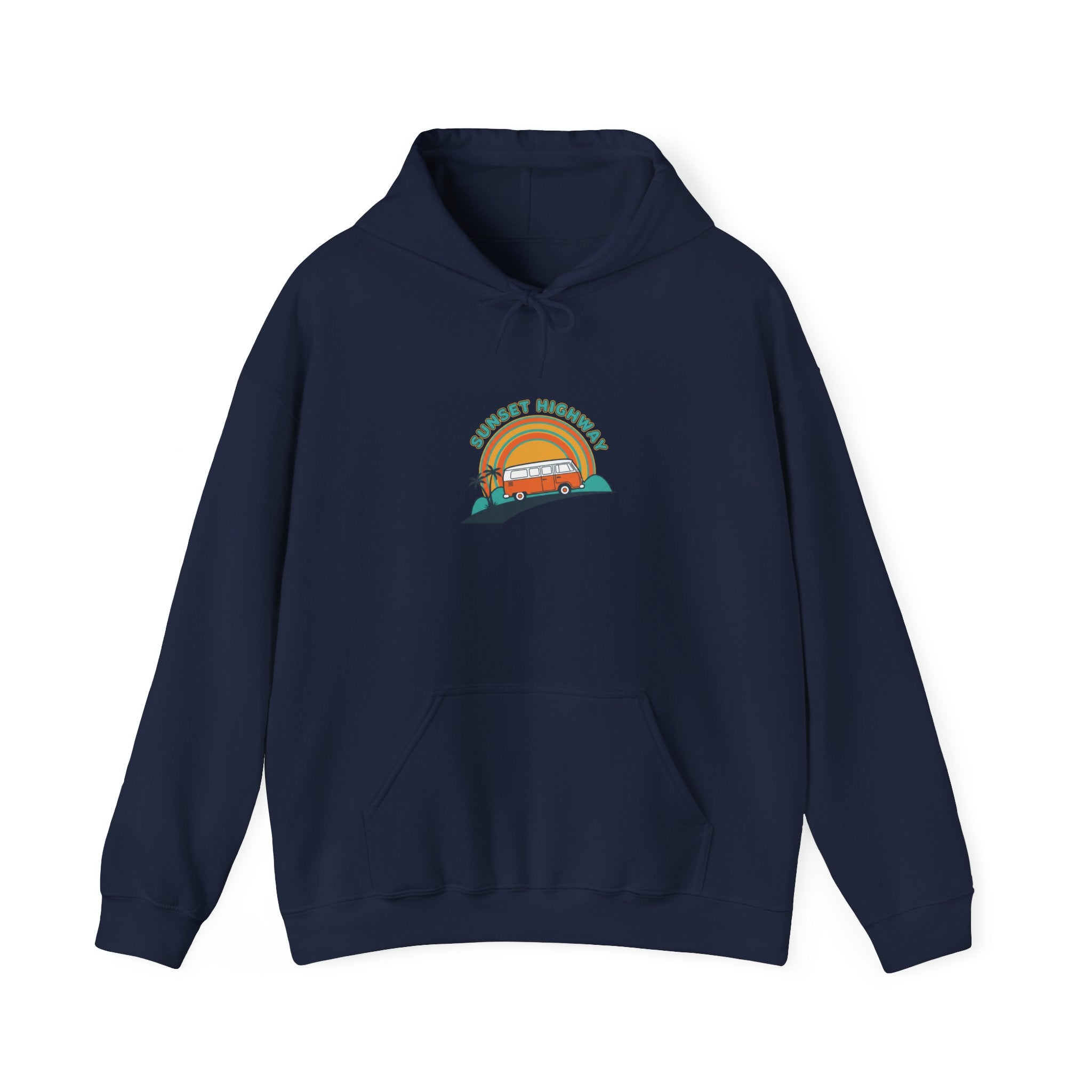 Retro 70s Sunset Surf Graphic Hoodie | Analog Sunshine, Vintage Palm Postcard Navy