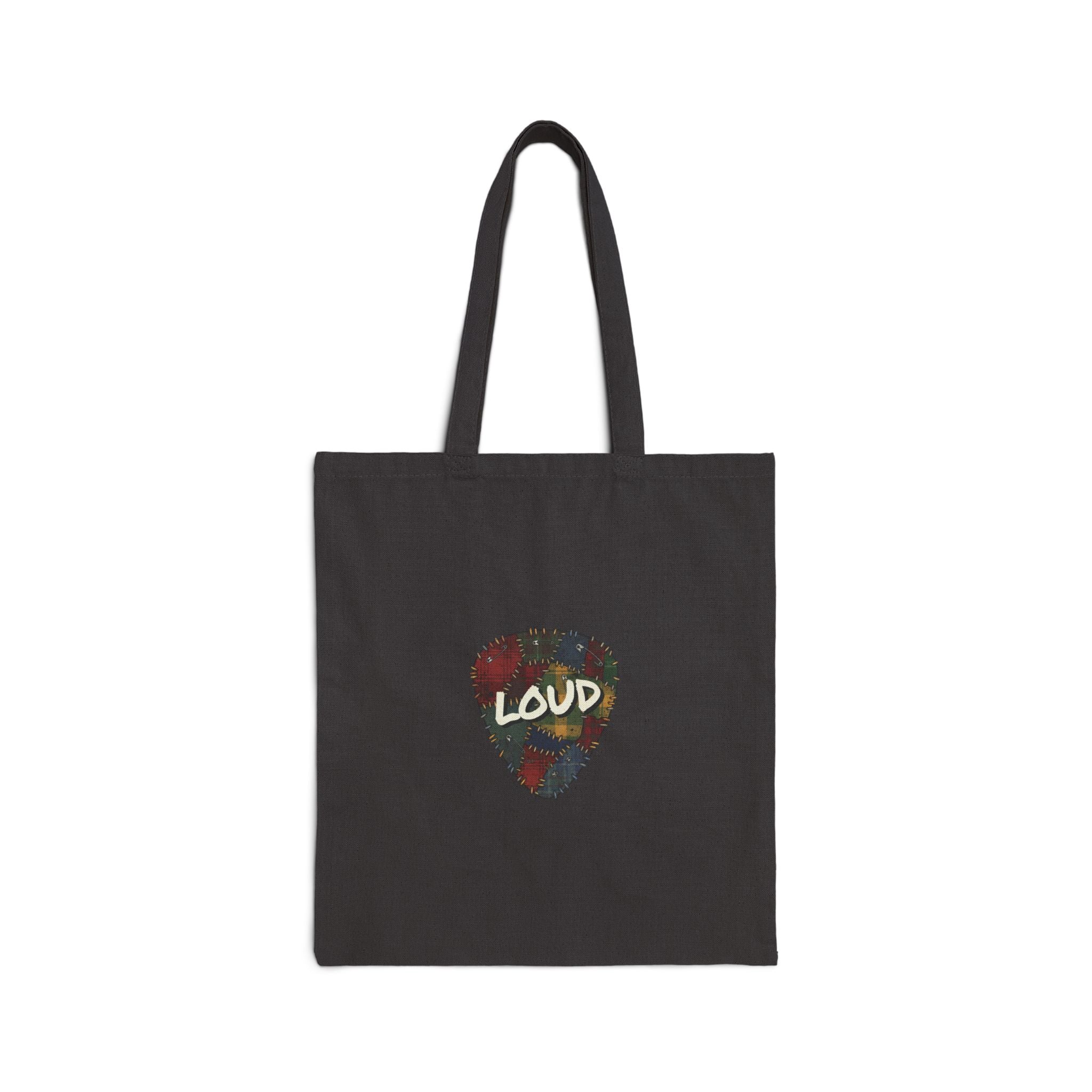Loud Guitar Pick Tote, Grunge Plaid Patchwork Tote | 90s Rock Revival Black 15" x 16"