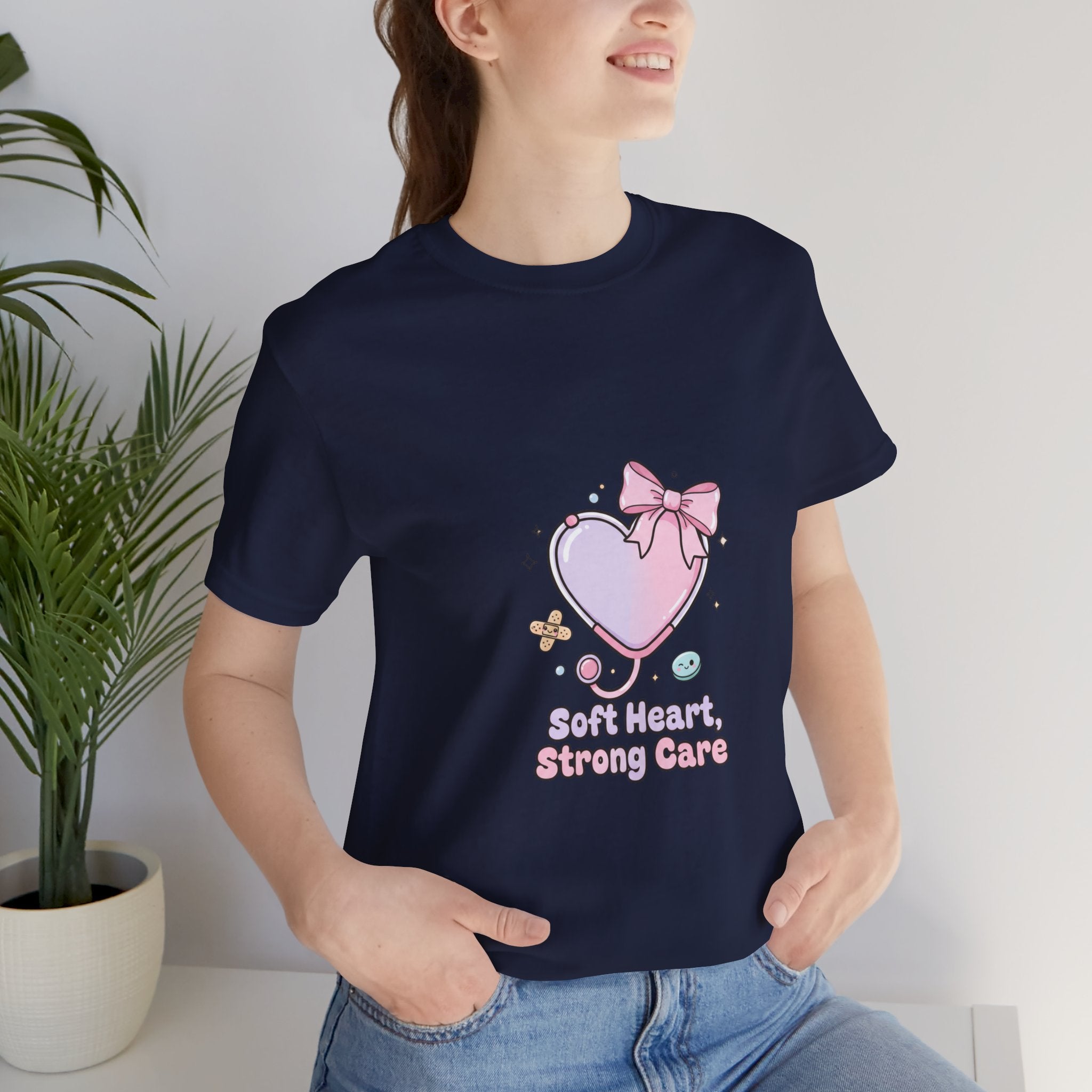 Soft Heart Strong Care T-Shirt | cute nurse graphic, pastel coquette medical shirt Navy