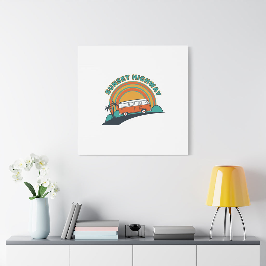 Sunset Highway Van Canvas | 1970s Retro Surf, Vintage Palm Poster 36" x 36" 1.25"