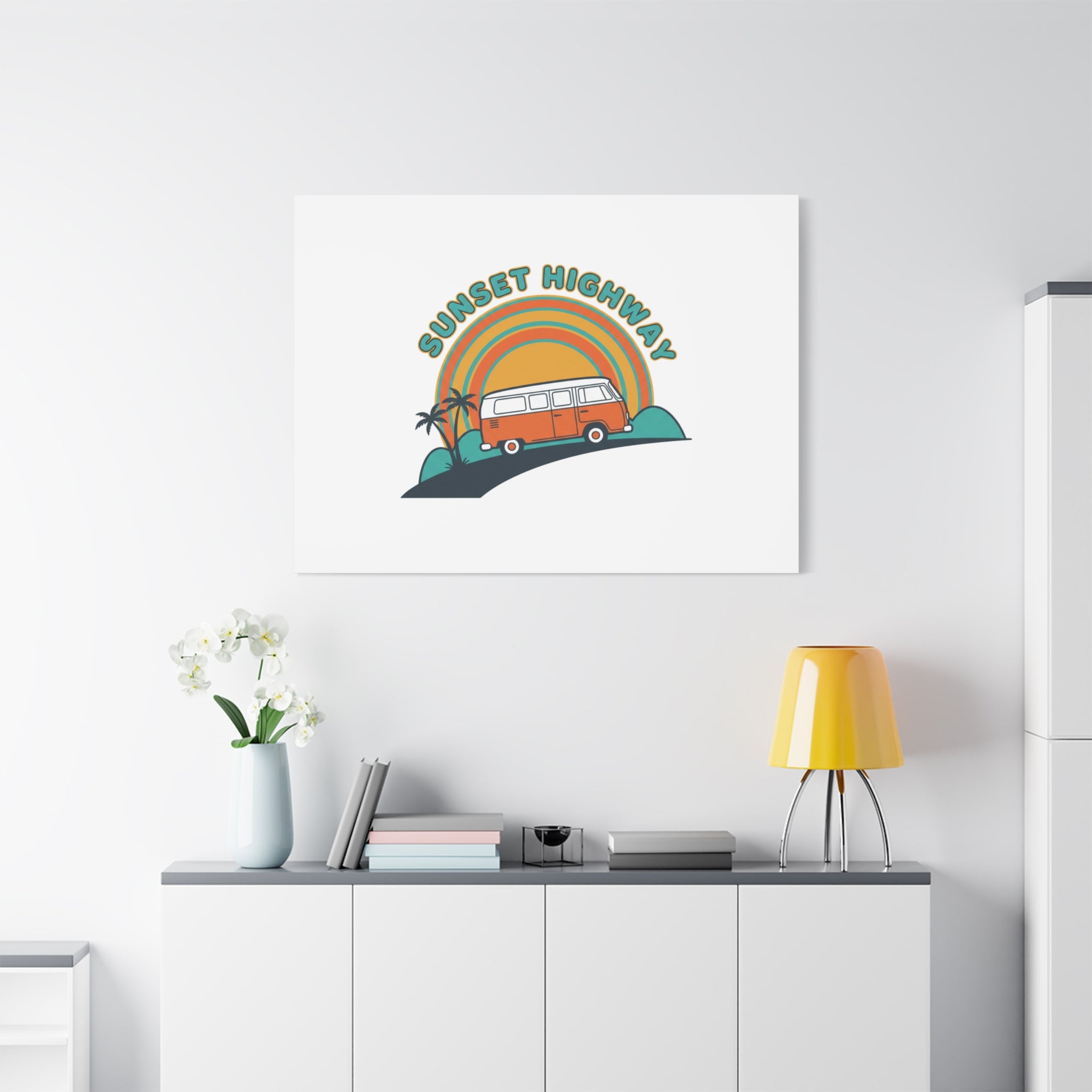 Sunset Highway Van Canvas | 1970s Retro Surf, Vintage Palm Poster 36" x 36" 1.25"