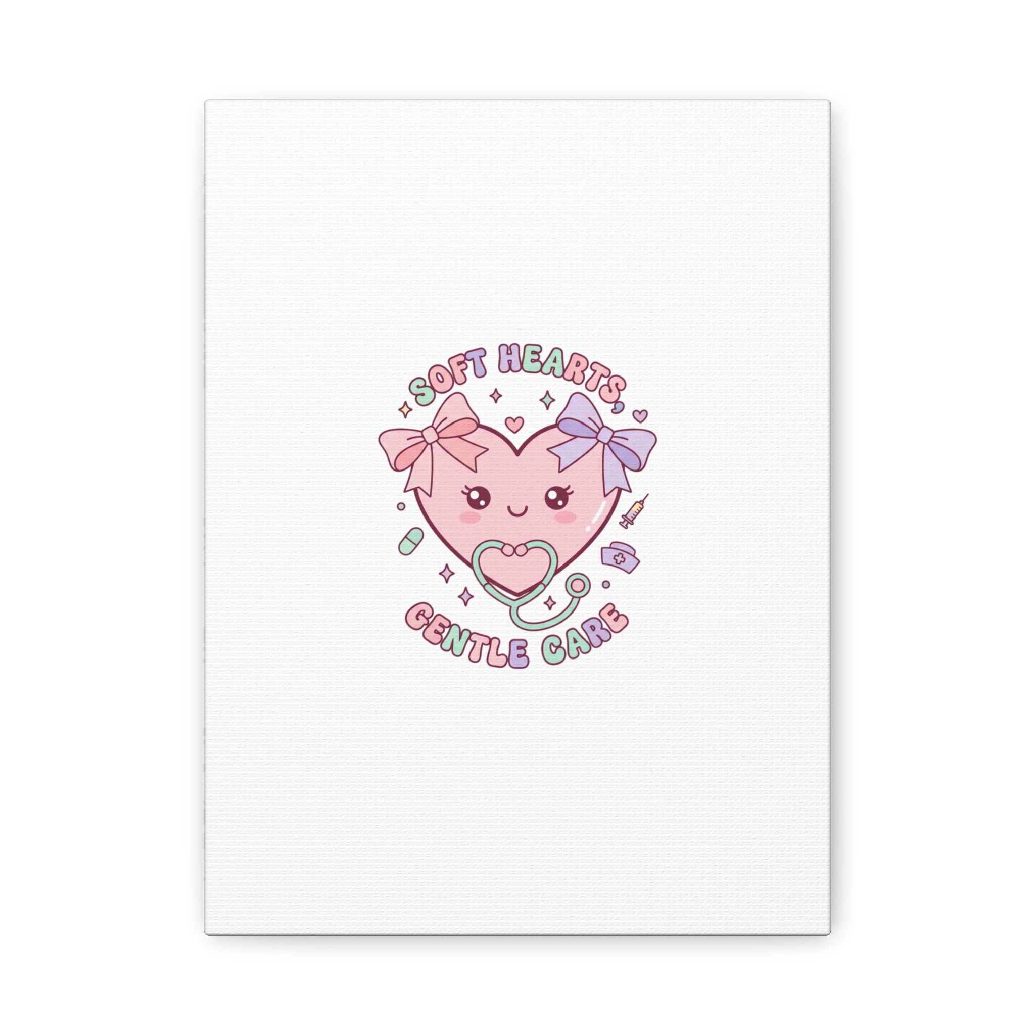Soft Hearts Gentle Care Canvas, Cute Nurse Graphic | Pastel Coquette Medical Art 9" x 12" (Vertical) 1.25"