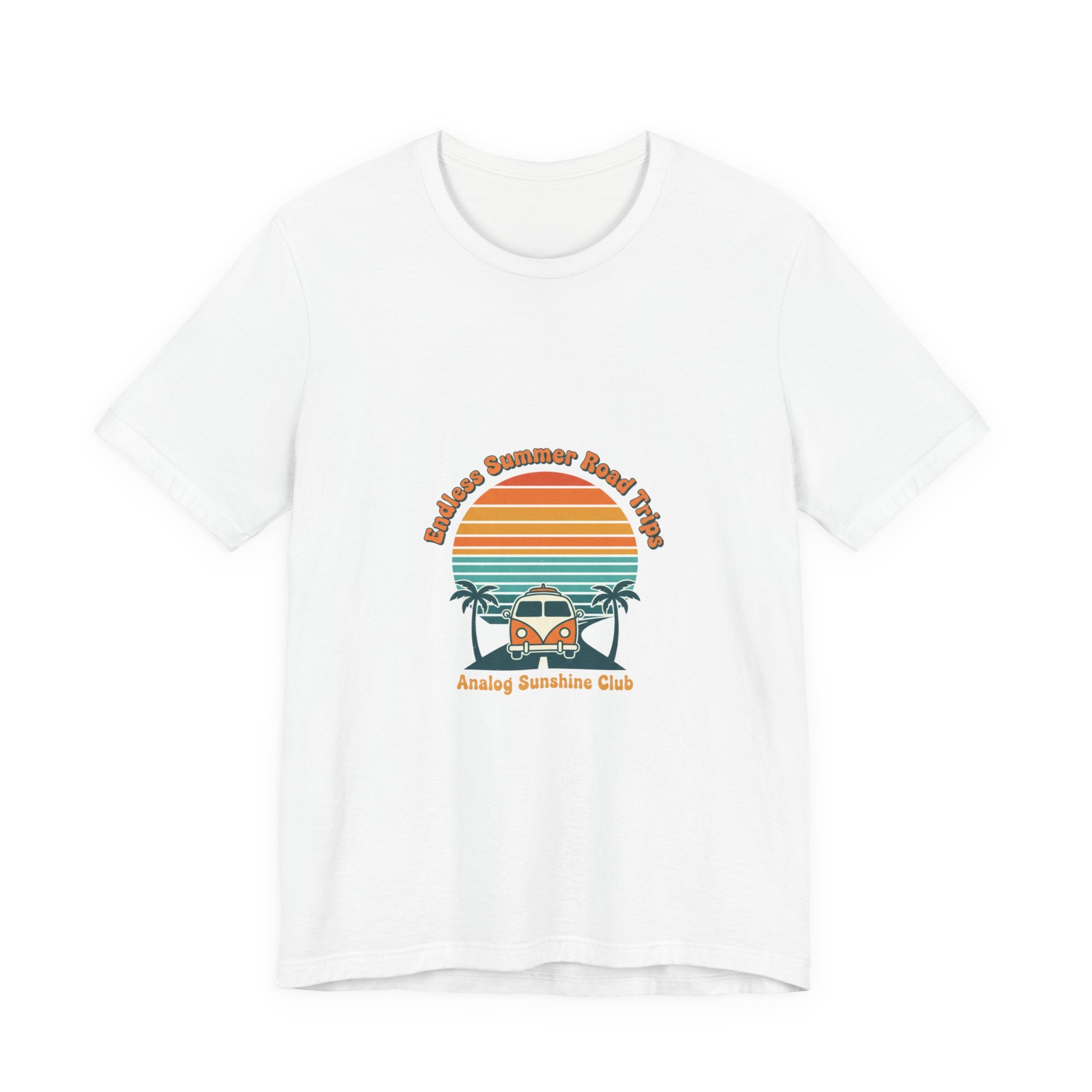 Retro 70s Sunset Surf Graphic Tee | Vintage Palm Golden Hour Postcard White
