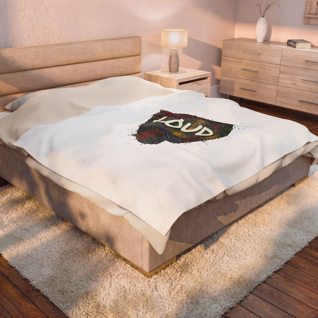Plaid Patchwork 'Loud' Guitar Pick Velveteen Plush Blanket | Grunge Revival, 90s Flannel Aesthetic